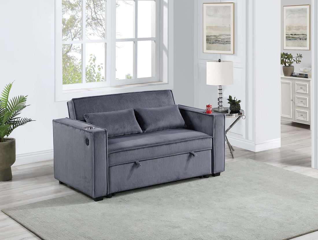 Dark Gray Corduroy Upholstered 2 Seat Sofa W Cup Holders Sleeper Couch 1Pc Convertible Sofa W Usb Dark Gray Wood Primary Living Space Cushion Back Contemporary,Modern,Transitional Rubberwood Square