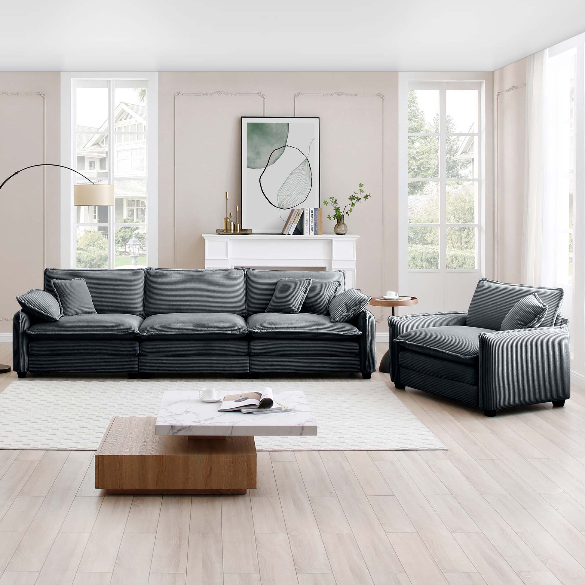 Mid Century Modern Sofa Set Of Two, One 3 Seater Sofa And One Single Seat Sofa With 2 Arm Pillows And 4 Throw Pillows,2 Pieces Sofa Set For Living Room,Grey Corduroy Fabric Grey Corduroy 4 Seat