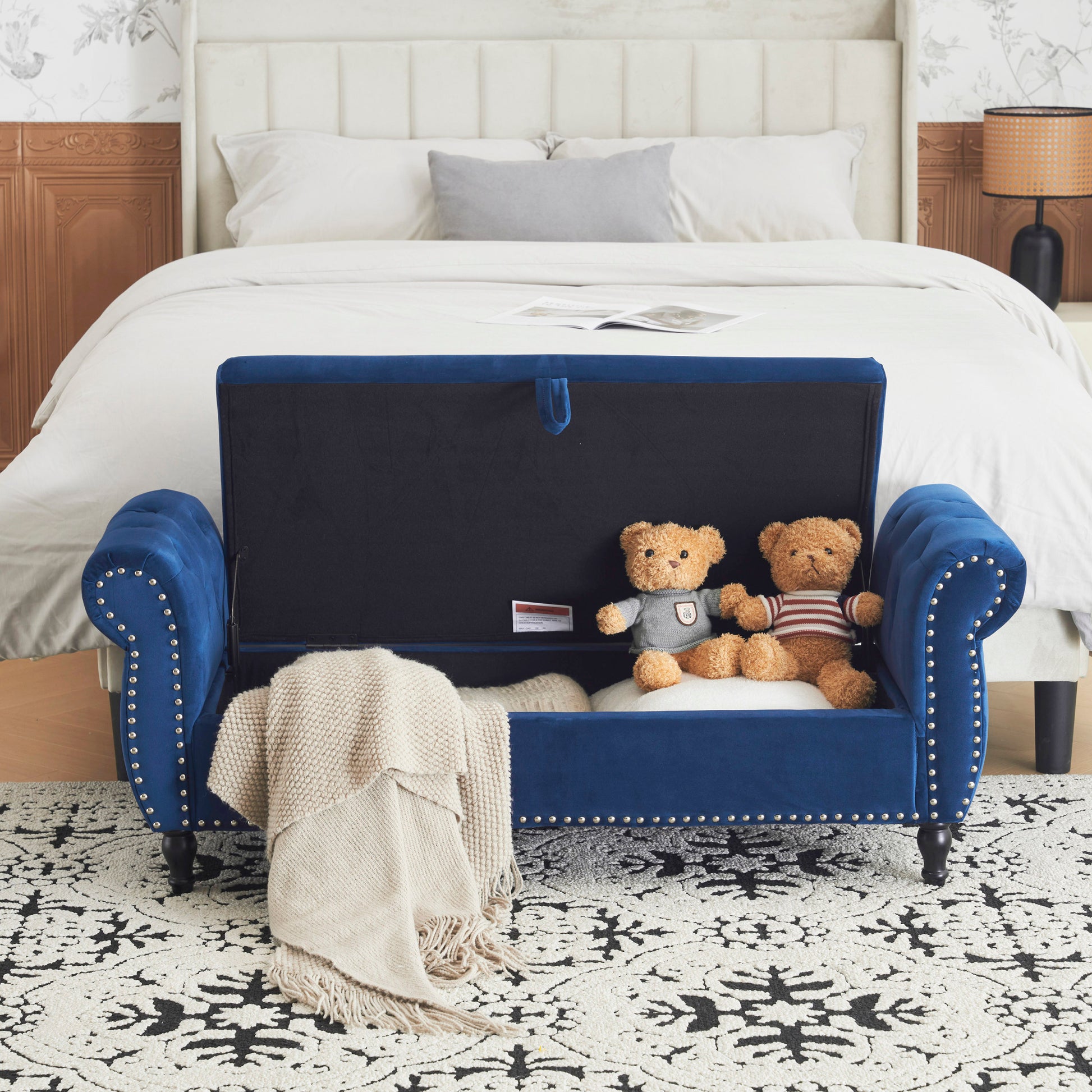 Velvet Multifunctional Storage Rectangular Ottoman Bench With 1 Pillow, Navy Blue Antique Navy Blue Polyester Wood Solid Beige Pine Flip Top Polyester With Storage Velvet