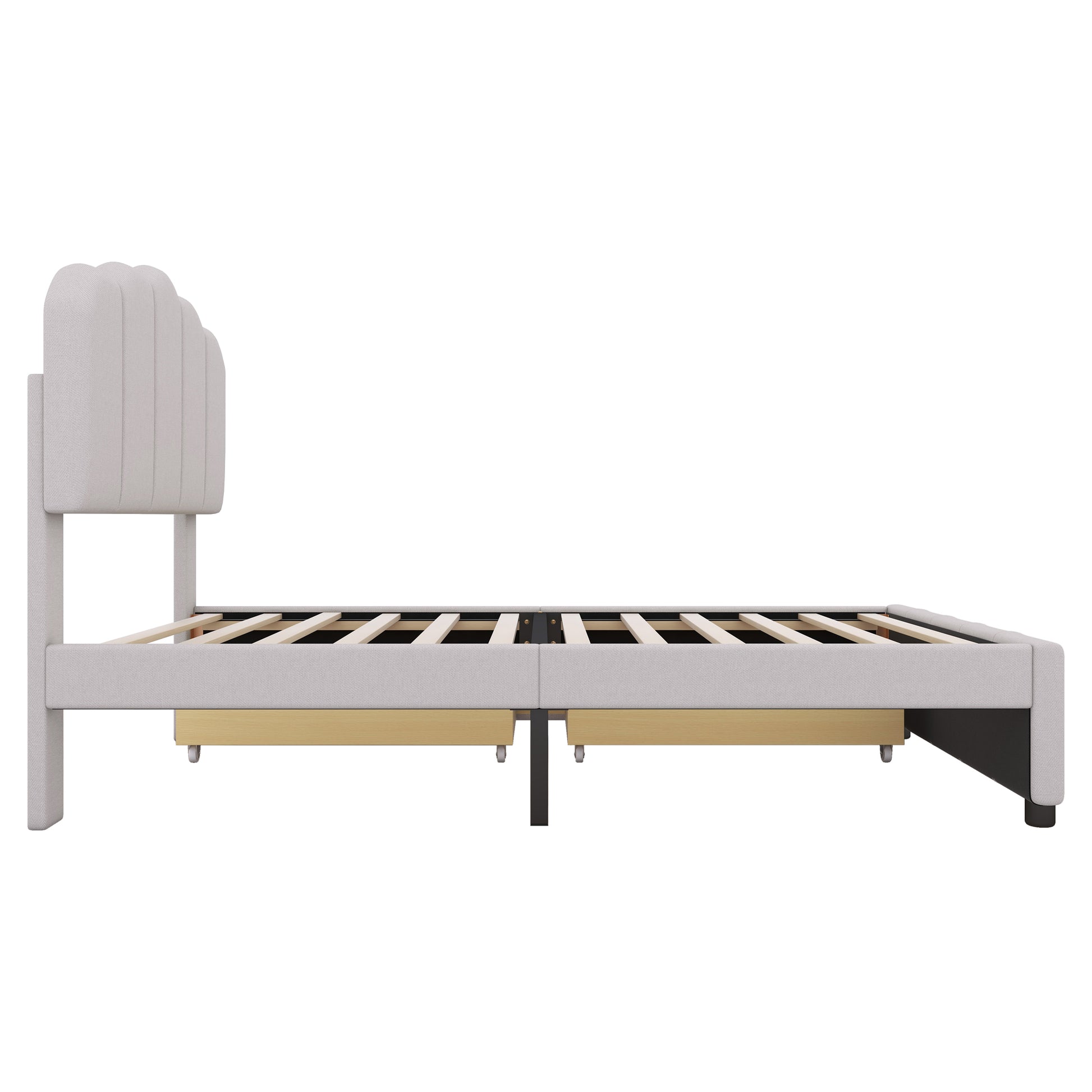 Twin Size Upholstered Bed With 2 Storage Drawers,Wood Slat Support, Beige Twin Beige Upholstered