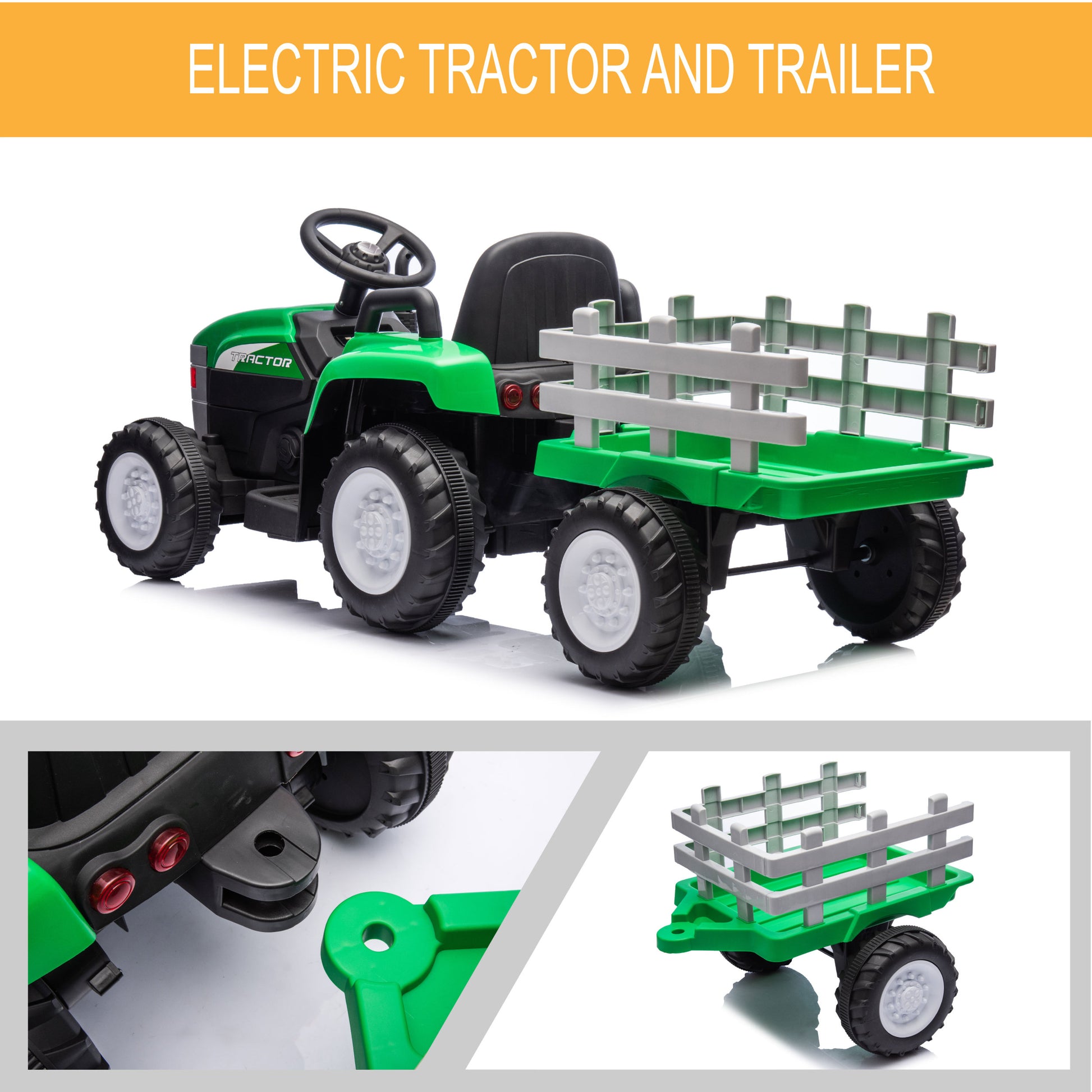 Green, 12V7Ah Battery Powered Toy Tractor With Trailer, Remote Control, Kids' Electric Excavator Vehicles With 2X35W Dual Motor, Treaded Tires, Led Lights, Usb, Music, Gift Childrens Day Green 50 99 Lbs Iron Plastic Iron Plastic Indoor & Outdoor Use