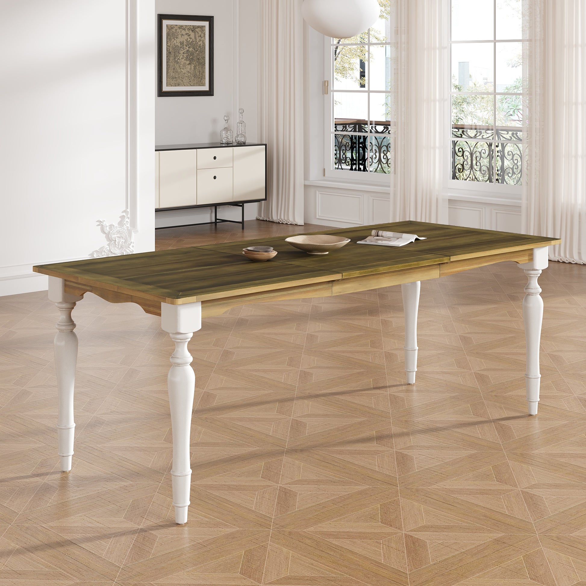 Vintage Traditional 82.7Inch Extendable Dining Table With 23.6Inch Removable Leaf, Brown Cream Cream Brown Seats 8 Dining Room Traditional Rubberwood Rectangular Rubber Wood