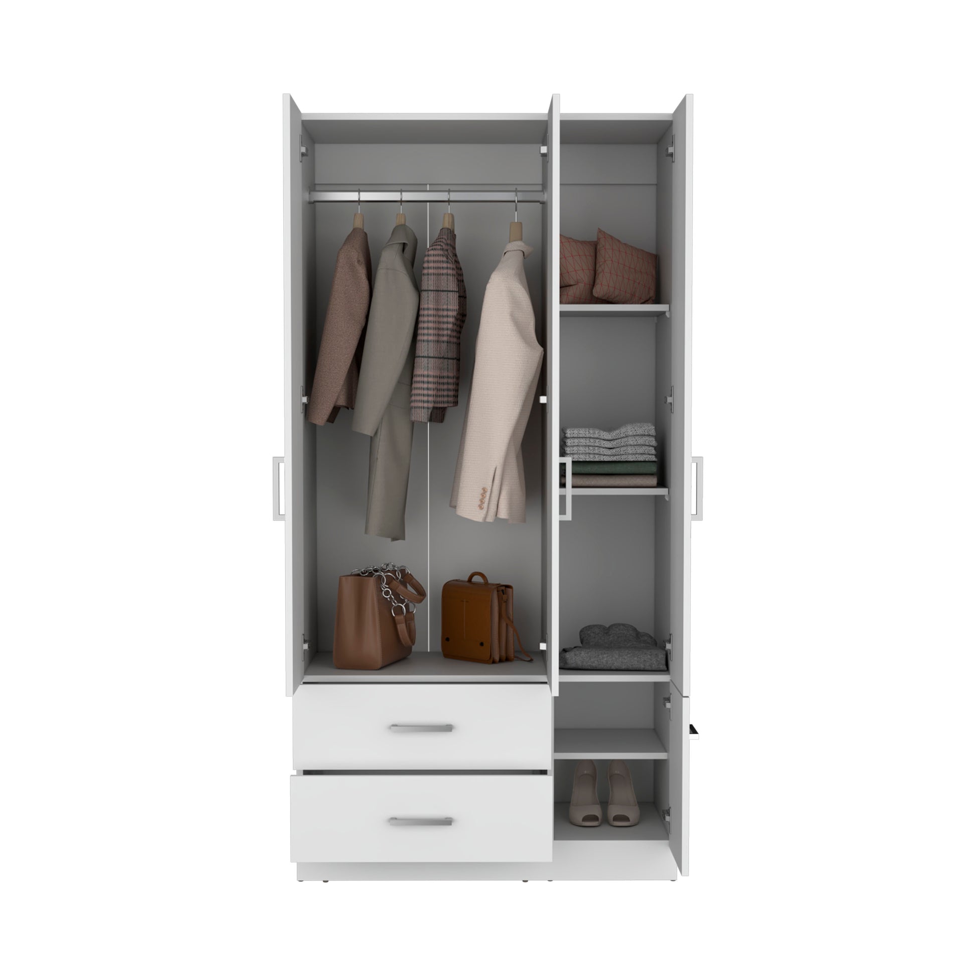 Sebree 71" High Armoire Wardrove Closet With 2 Drawers, Four Doorsthree Cabinetsix Shelves And Hanging Rod, Bedroom Clothes Storage Cabinet Organizer White Bedroom Modern Particle Board