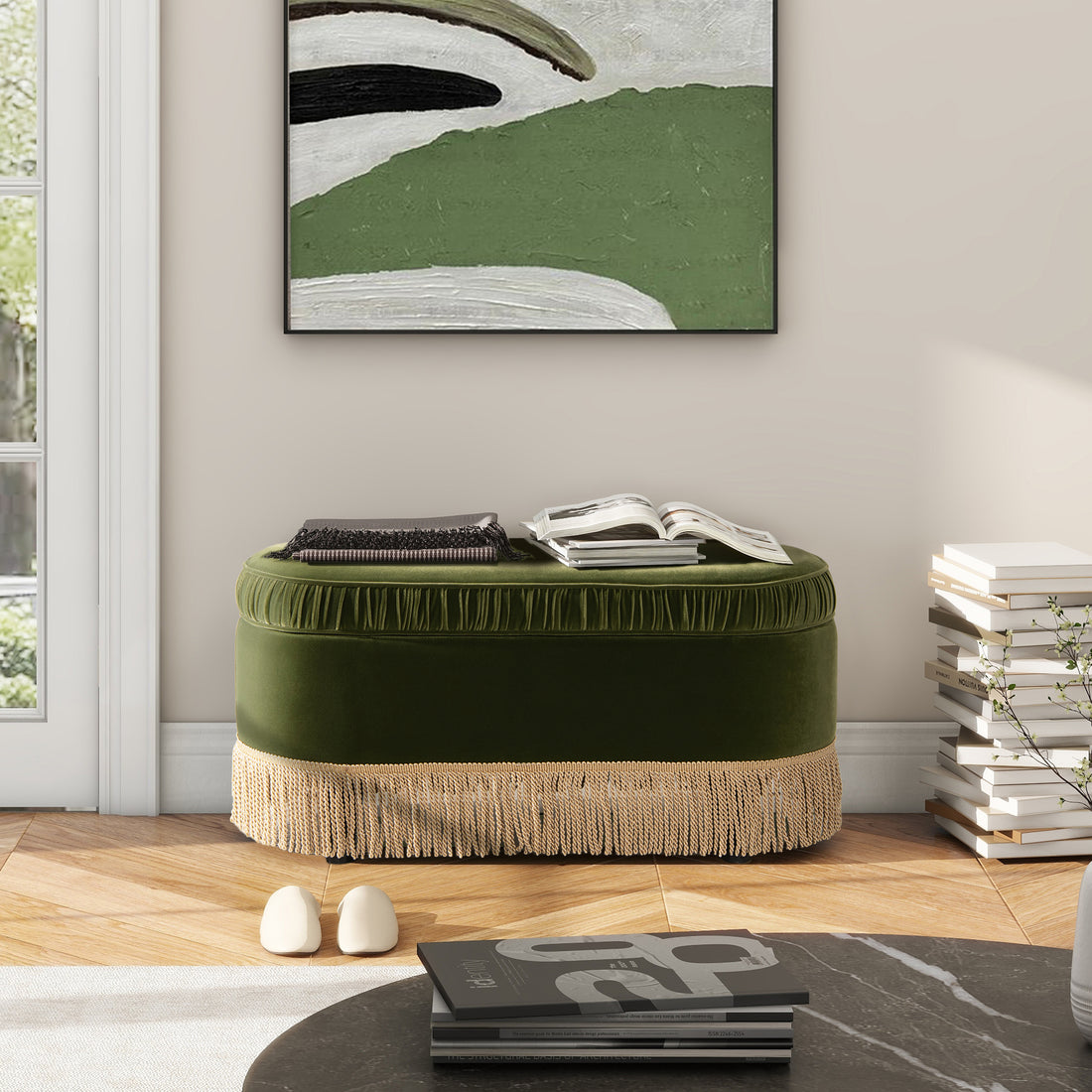 Serena 38" Oval Storage Bench Ottoman, Olive Green Performance Velvet Olive Green Foam Velvet