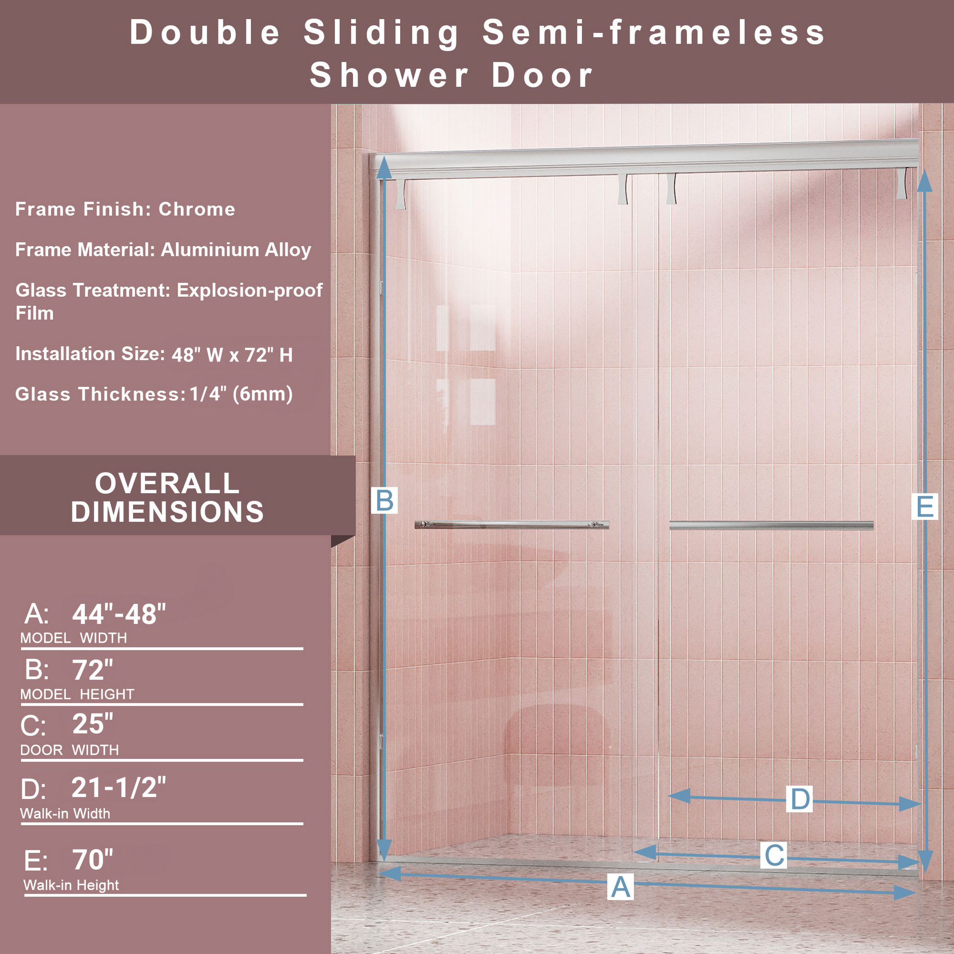 44 48 In. W X 72 In. H Semi Frameless Shower Door, Double Sliding Shower Door, 1 4" 6Mm Clear Tempered Glass Shower Door With Explosion Proof Film, Chrome 24D212S 48C Chrome Tempered Glass