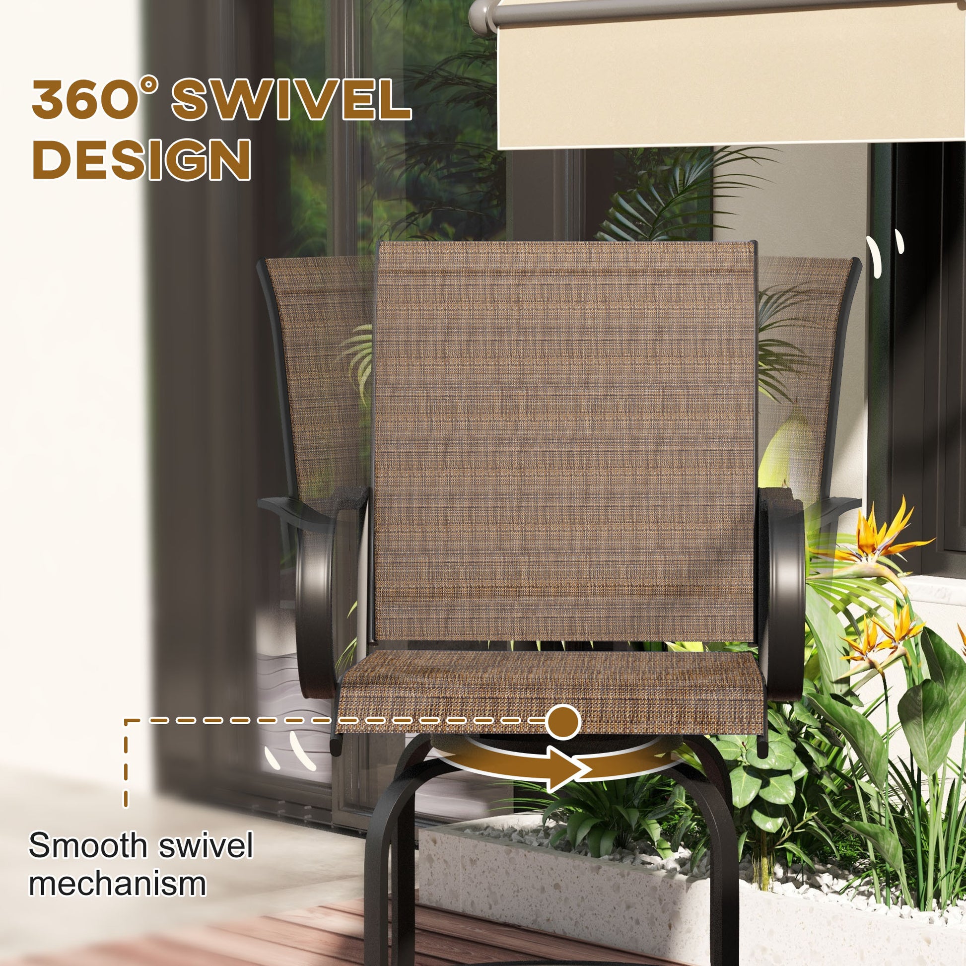 Outsunny Outdoor Bar Stools With Armrests, Set Of 2 360 Swivel Bar Height Patio Chairs With High Density Mesh Fabric, Steel Frame Dining Chairs For Balcony, Poolside, Backyard, Tan Brown Steel