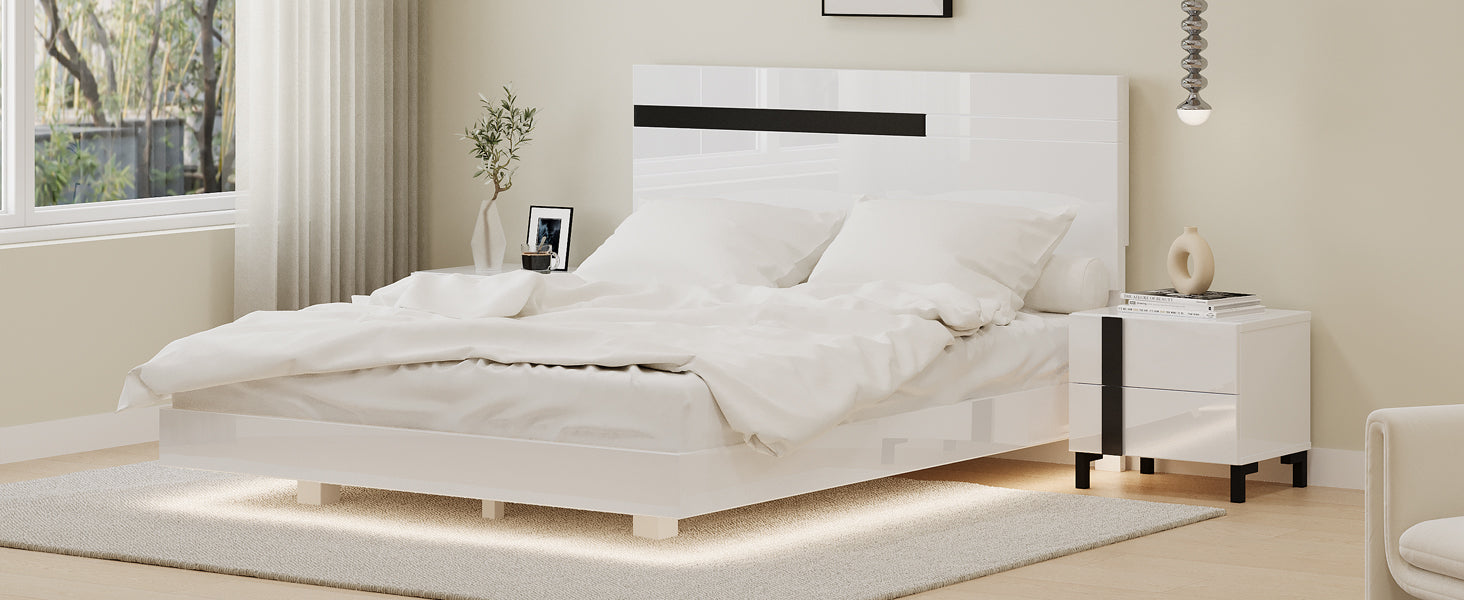Modern High Gloss 3 Piece Bedroom Set Floating Bed Frame Queen Size Platform Bed With Led Light & 2 Nightstands, White Box Spring Not Required Queen White Wood 3 Piece Set Solid Wood Mdf