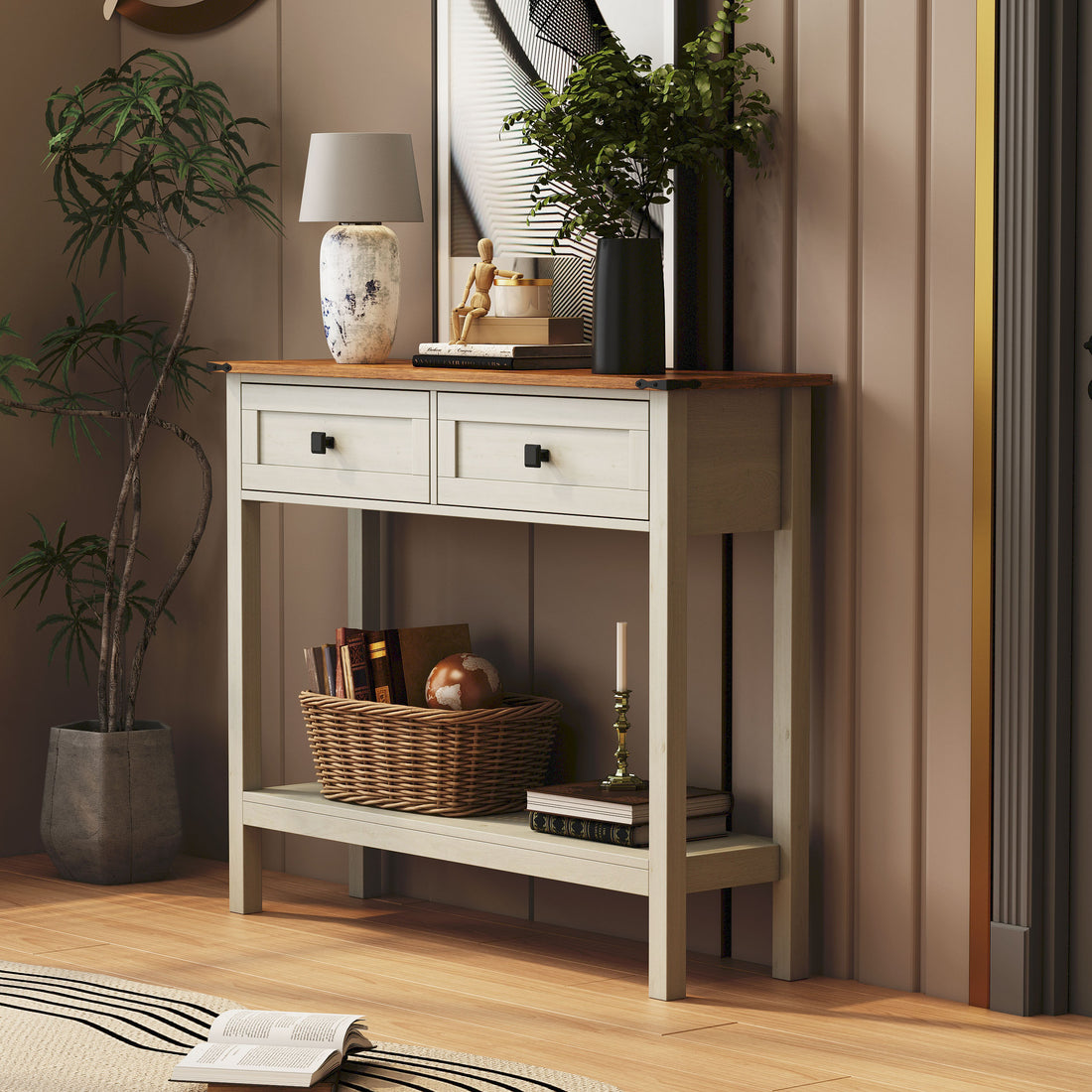 Farmhouse Style Console Table With 2 Drawer And Bottom Storage Shelf For Entryway, Rustic Side Table With Storage Drawer And Shelf For Living Room, Hallway Antique White Primary Living Space Farmhouse,Rustic Freestanding Drawers Console Tables
