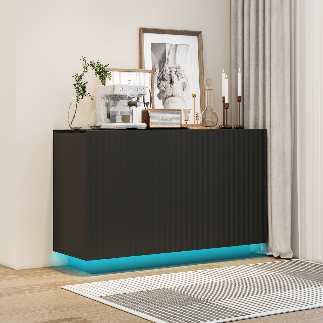 Led Carved Line 3 Door Storage Cabinet,Sideboard Buffet Cabinet With Adjustable Shelf,Large Storage Accent Cabinet For Living Room,Dining Room 5 Or More Shelves Black Primary Living Space Adjustable Shelves Luxury,Modern Particle Board Mdf