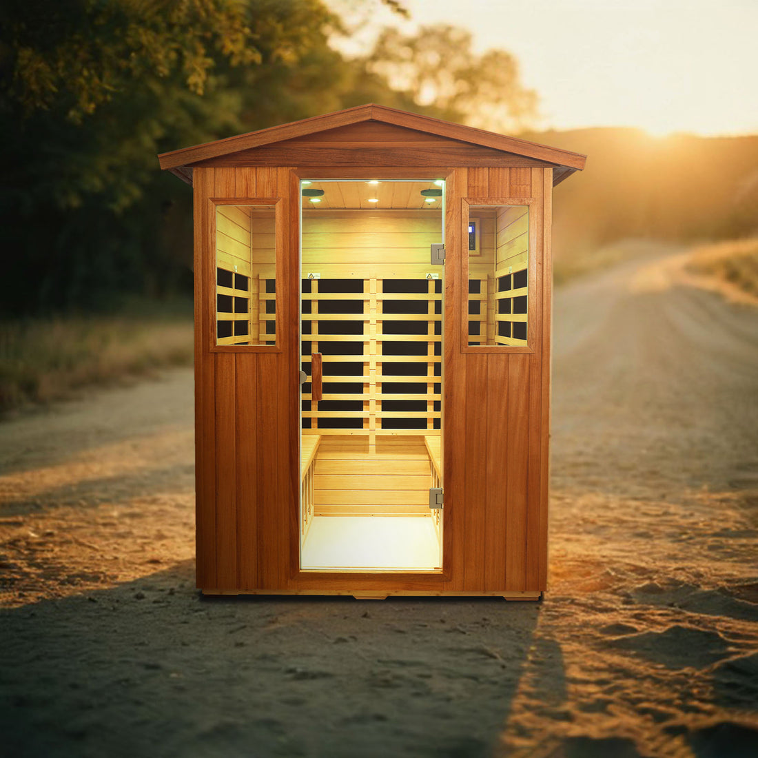 Outdoor Khaya Wood Four Person Far Infrared Sauna Room Natural Wood Metal & Wood