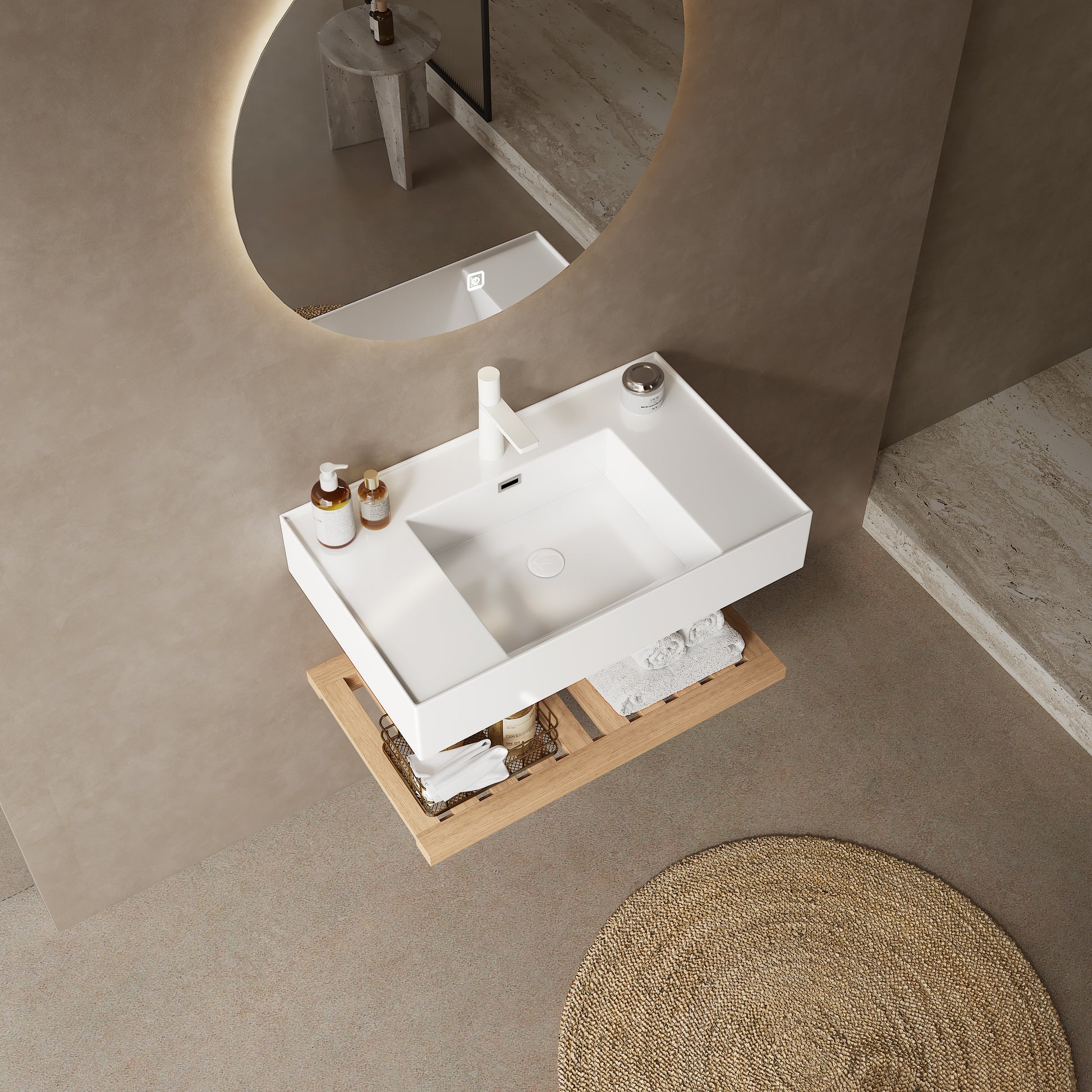 Lede 30" Bathroom Vanity With Vessel Sink, Wall Mounted Floating White Rectangular Acrylic Integrated Basin Without Faucet, Striped Shelves Layer, Natural Wood Natural Wood,White Bathroom