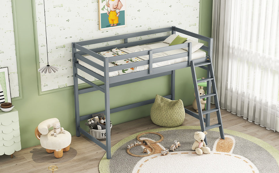 Twin Size High Loft Bed With Inclined Ladder, Guardrails,Grey Twin Grey American Design Pine