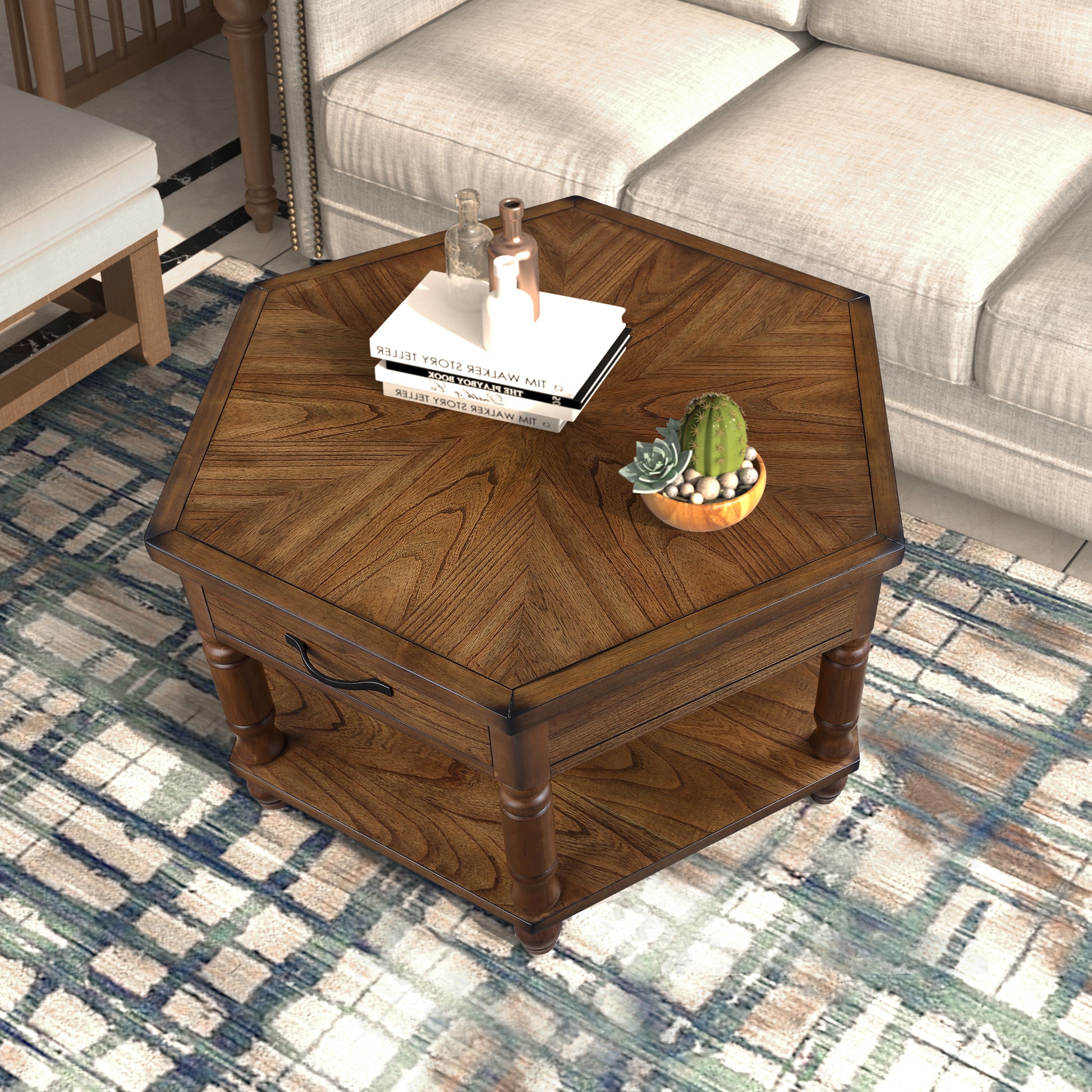 2 Tier Retro Hexagon Living Room Solid Wood Coffee Table With Shelf & Drawer, 36'' Mid Century Center Coffee Table For Living Room, Office. Cherry Cherry Pine