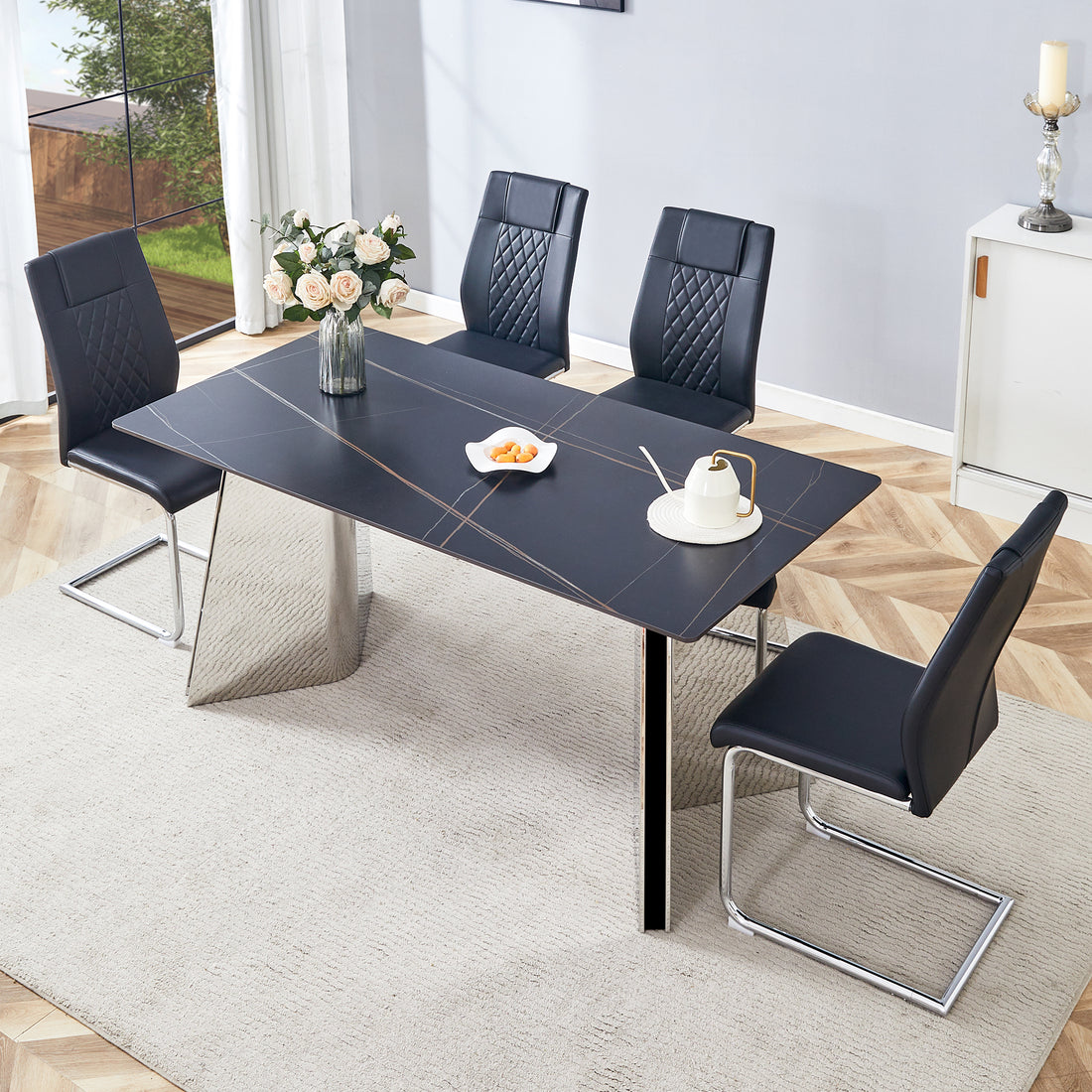 Table And Chair Set.63"X31.5X30" Black Marble Patterned Slabs Tabletop With Stainless Steel Butterfly Legs.Paried With 4 Black High Quality Pu Chairs With Silver Metal Legs. Black,Silver Seats 4