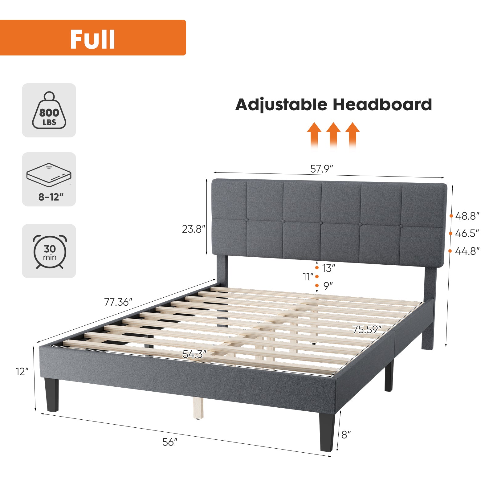 Full Size Bed Frame Linen Upholstered Platform Bed With Headboard, No Box Spring Needed With 800Lbs Solid Wooden Slats Support, No Noise, Easy Assembly, Grey Grey Metal & Wood