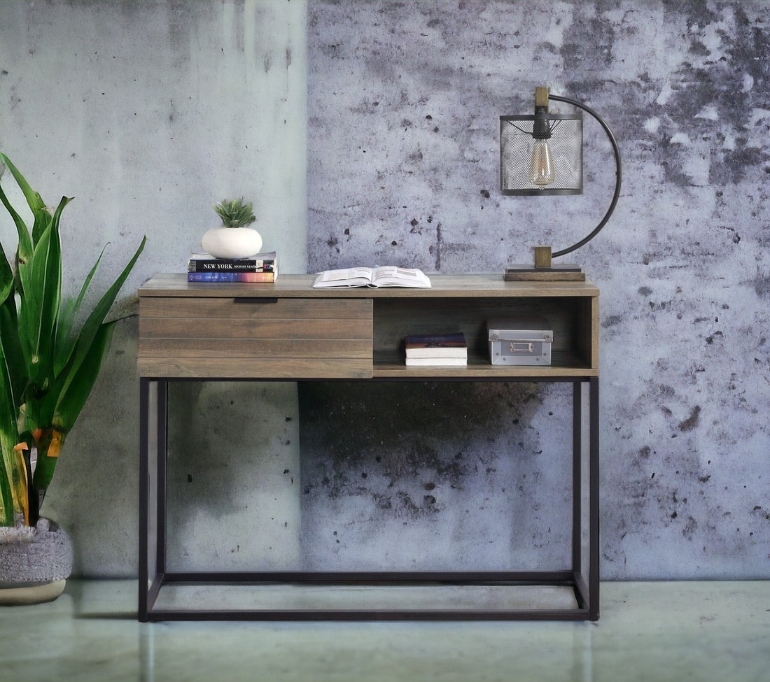 Rustic Oak And Black Writing Desk With Drawer And Shelf Oak Writting Desk Primary Living Space Rectangular Shelves Particle Board Mdf