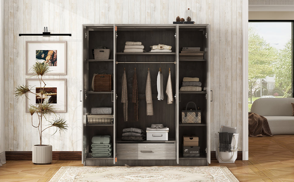 4 Door Wardrobe With 1 Drawer, Gray Grey Gray Bedroom Contemporary Mdf