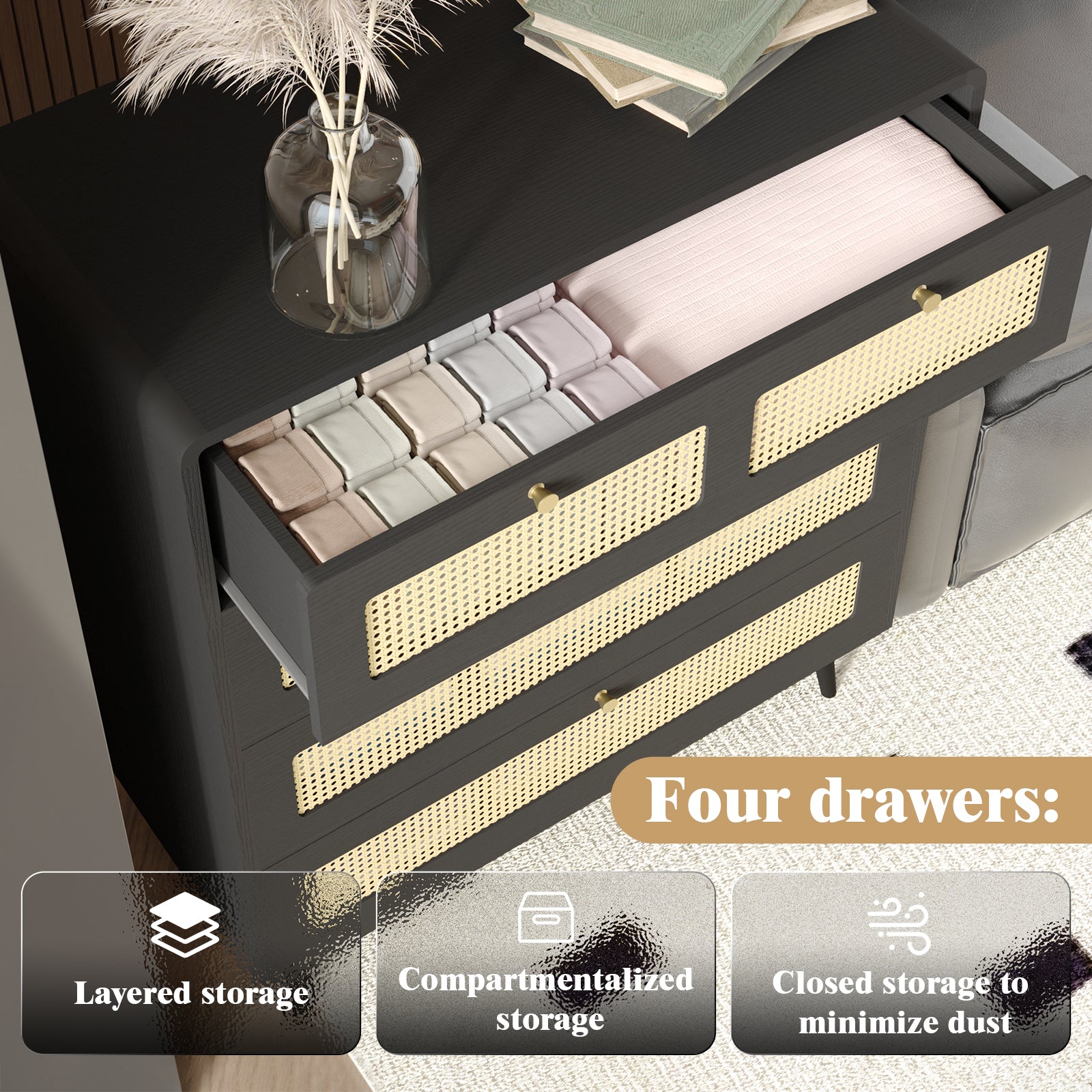 4 Drawer Dresser, Modern Rattan Dresser Chest With Wide Drawers And Metal Handles, Farmhouse Wood Storage Chest Of Drawers For Bedroom, Living Room, Hallway, Entryway Black Bedroom Farmhouse Foam