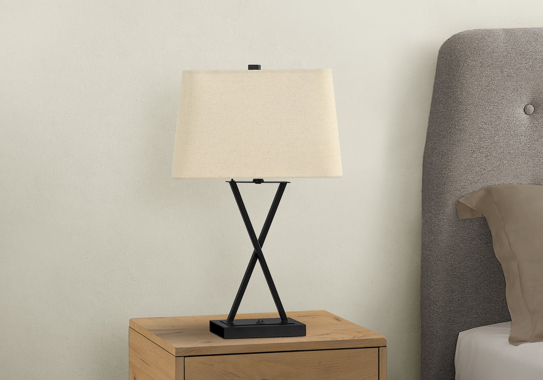 Lighting, 25"H, Table Lamp, Usb Port Included, Black Metal, Beige Shade, Transitional Black Metal