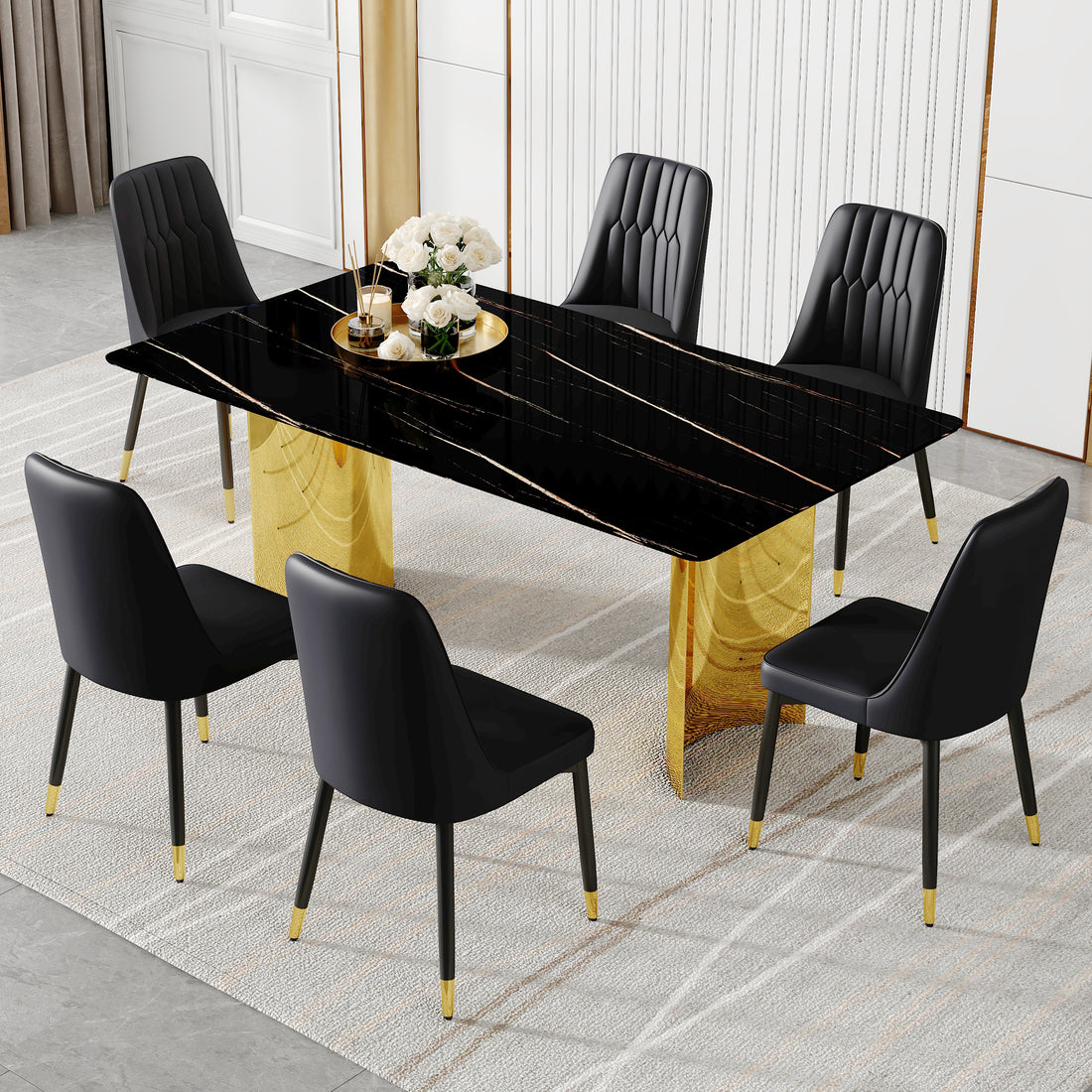 Table And Chair Set.The Table Has A Glass Top With Imitation Marble Pattern Stickers And Stainless Steel Golden Legs. Paried With Chairs With Pu Artificial Leather Backrest Cushions And Black Legs. Black Gold Seats 6 Glass Metal