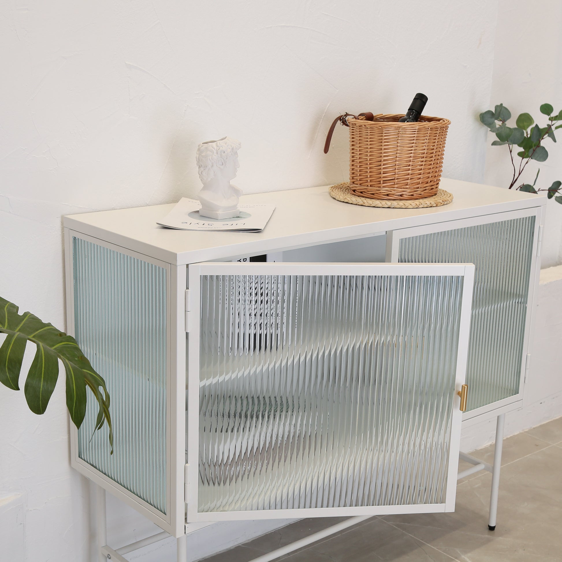 White Sideboard Storage Cabinet With Two Fluted Glass Doors Detachable Shelves Bottom Space For Living Room, Office, Dinging Room And Entryway Old Sku:W68743732 Gloss White Steel