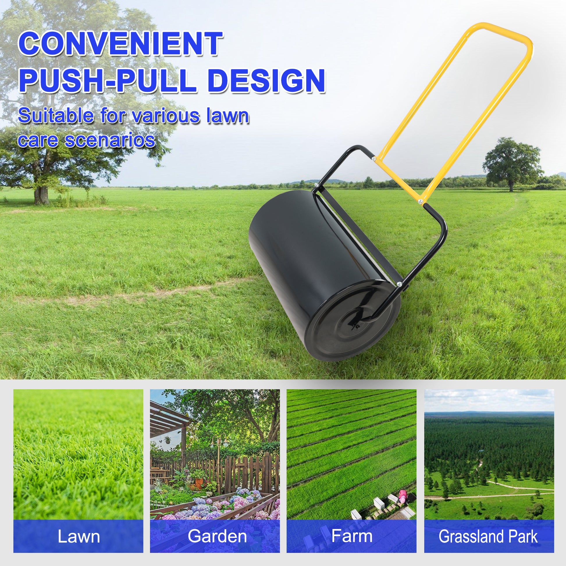 40 Litre High Capacity Lawn Roller, Can Fill Sand Water, U Shaped Ergonomic Handle, Easy To Push And Pull, Suitable For Gardens, Farms, Parks, Black Yellow Black Iron
