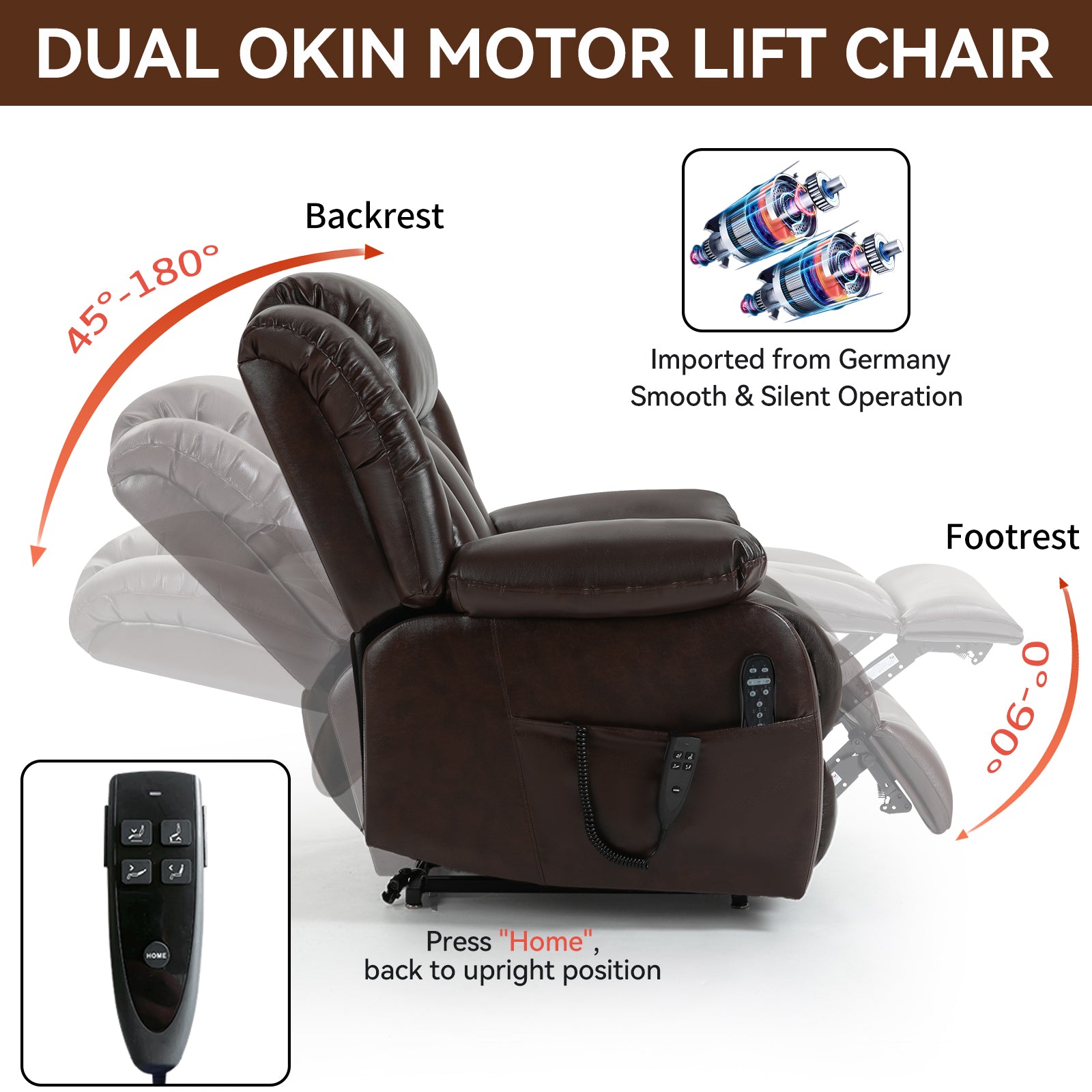 Dual Motor Infinite Position Up To 350 Lbs Electric Medium Size Genuine Leather Brown Power Lift Recliner Chair With 8 Point Vibration Massage And Lumbar Heating White Metal Primary Living Space Heavy Duty Pine Antique Brown Genuine Leather Power Remote