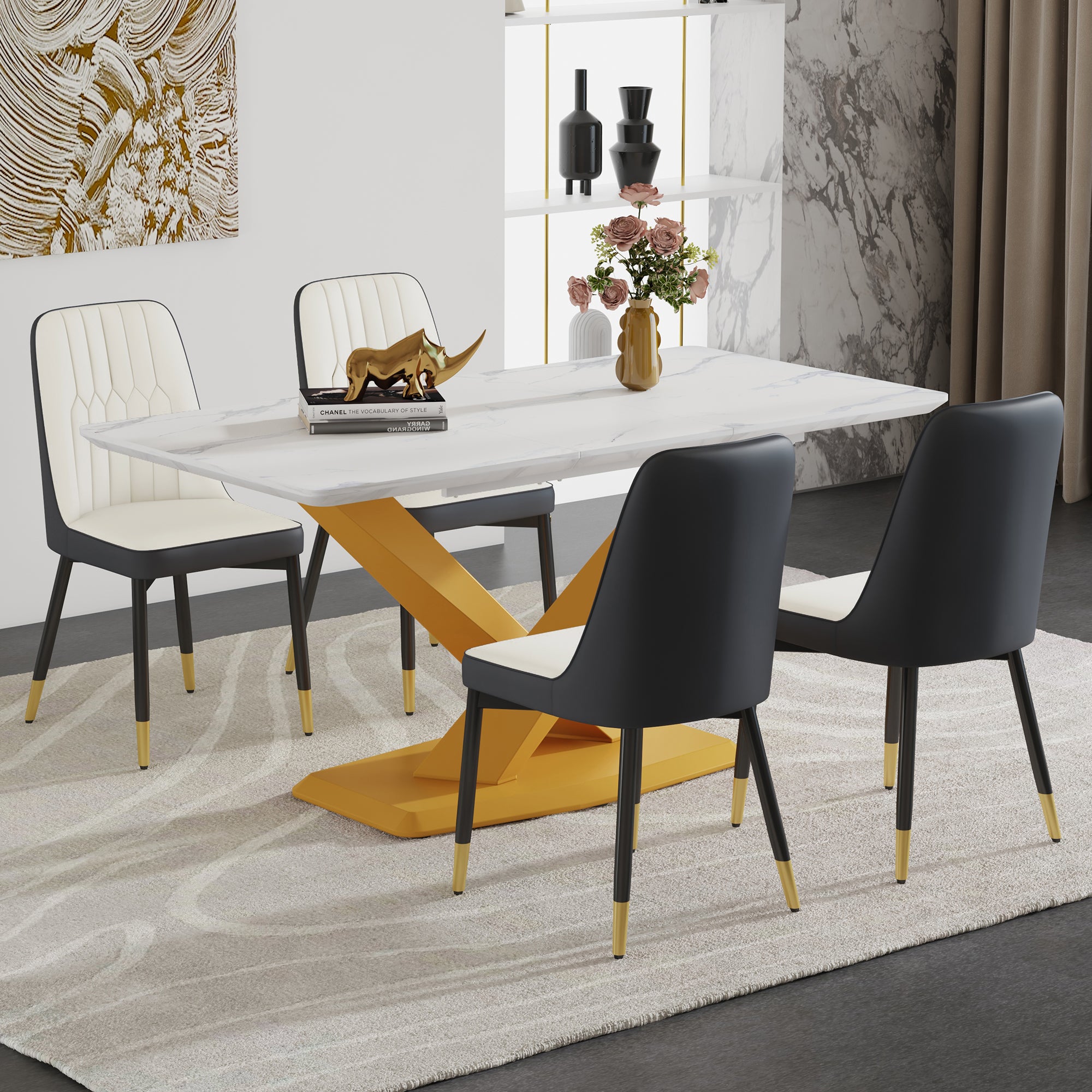 Table And Chair Set.The Table Is Equipped With A Marble Patterned Mdf Tabletop And Gold Table Legs.Paired With 4 White And Dark Gray Spliced Dining Chairs With Pu Cushions And Black Metal Legs. Dark