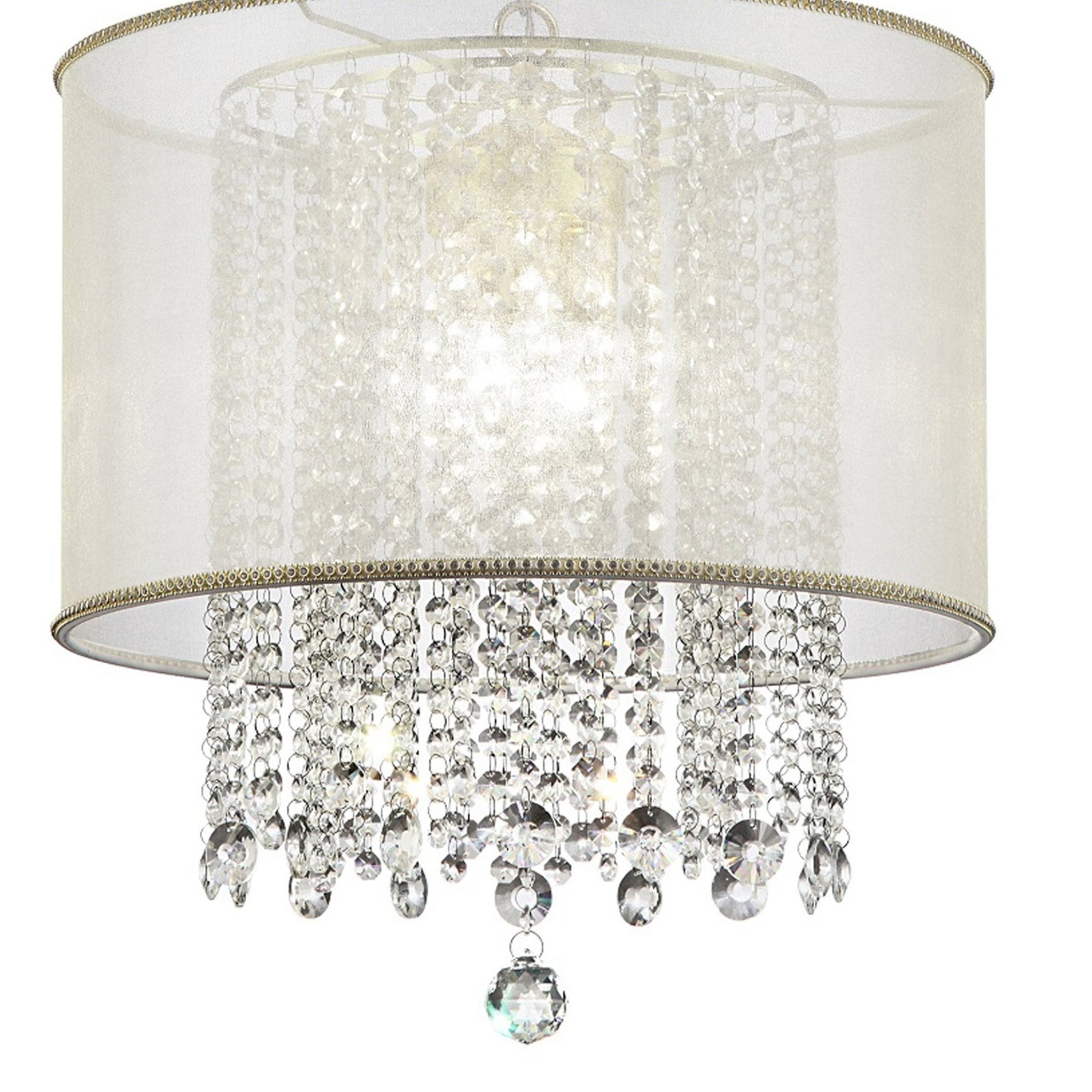 21" Tall Ceiling Lamp "Bhavya" W Gold Finish And Crystal Accents, White Shade Gold Metal