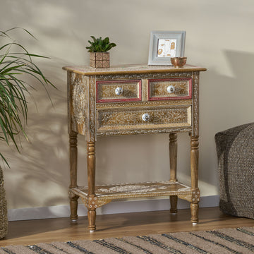 Wooden 2 Drawer End Table Natural Wood