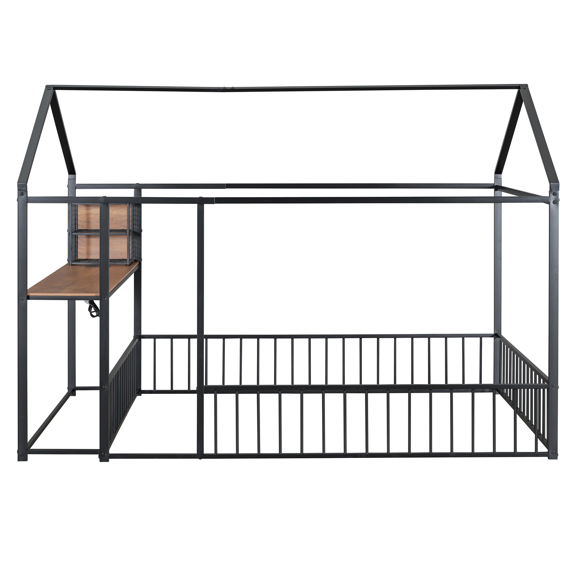 Full Size Metal Bed House Bed Frame With Desk, Shelves, Power Outlets And Usb Ports, Black Full Black Metal