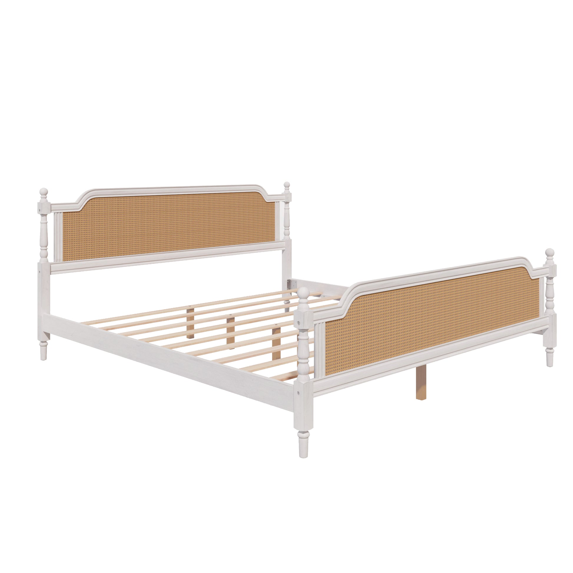 Traditional Style Rattan King Size Bed Frame,No Box Spring Needed,Antique White Box Spring Not Required King Antique White Wood Bedroom Traditional,Vintage Bed Frame Wood