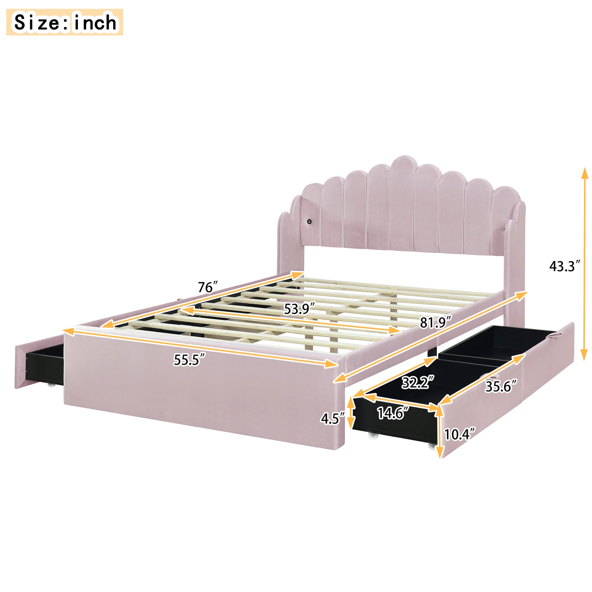 Full Size Upholstered Platform Bed With 4 Drawers And 2 Usb, Pink Box Spring Not Required Full Pink Wood Bedroom Bed Frame Polyester Upholstered