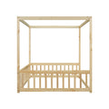 Full Size Canopy Frame Floor Bed With Fence, Guardrails,Natural Full Natural American Design Pine