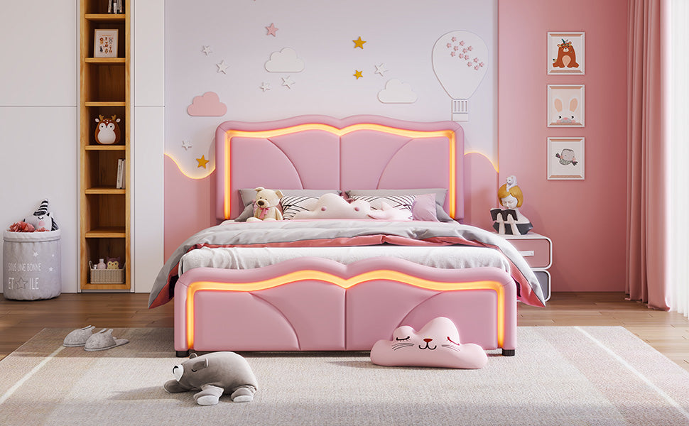 Full Size Upholstered Platform Bed With Curve Shaped And Height Adjustbale Headboard,Led Light Strips,Pink Full Pink Upholstered