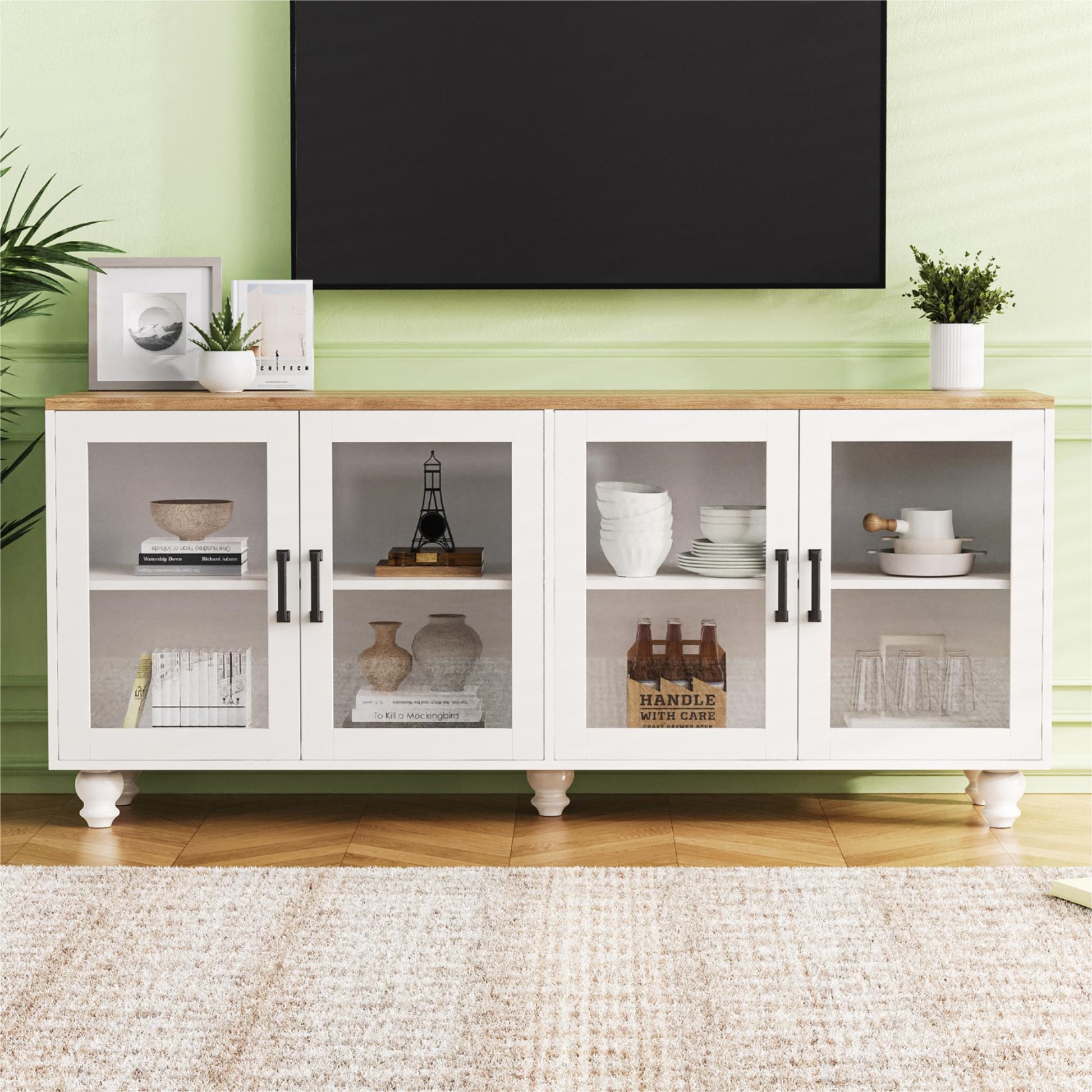 Farmhouse Tv Stand With Tempered Glass Doors For Tvs Up To 70", Versatile Sideboard With Adjustable Shelves, Elegant Buffet Cabinet With 5 Solid Wood Gourd Shaped Legs For Living Room, White White