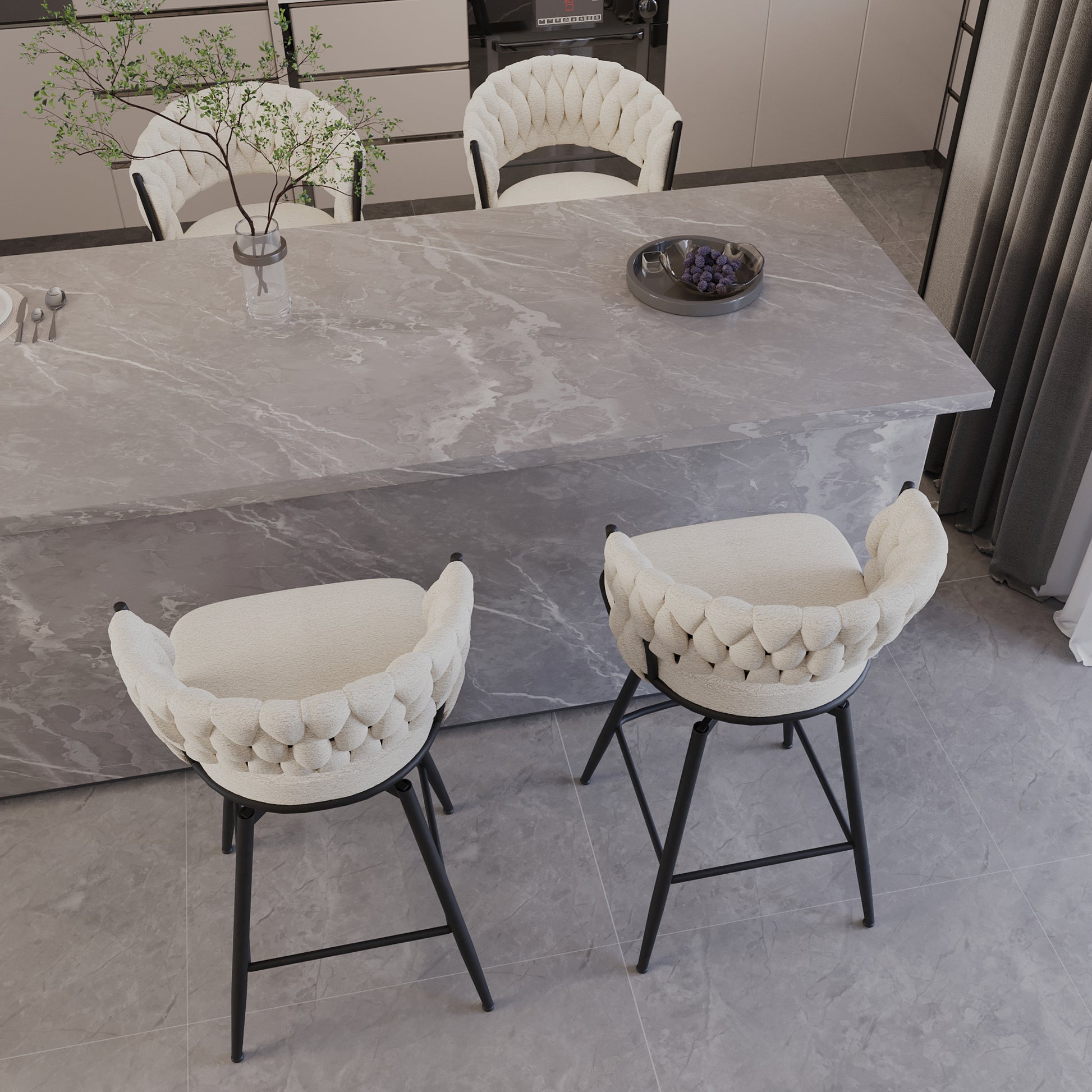 Bar Chair Toweling Woven Bar Stool Set Of 4, Black Legs Barstools No Adjustable Kitchen Island Chairs,360 Swivel Bar Stools Upholstered Counter Stool Arm Chairs With Back Footrest, White White Black Foam Linen