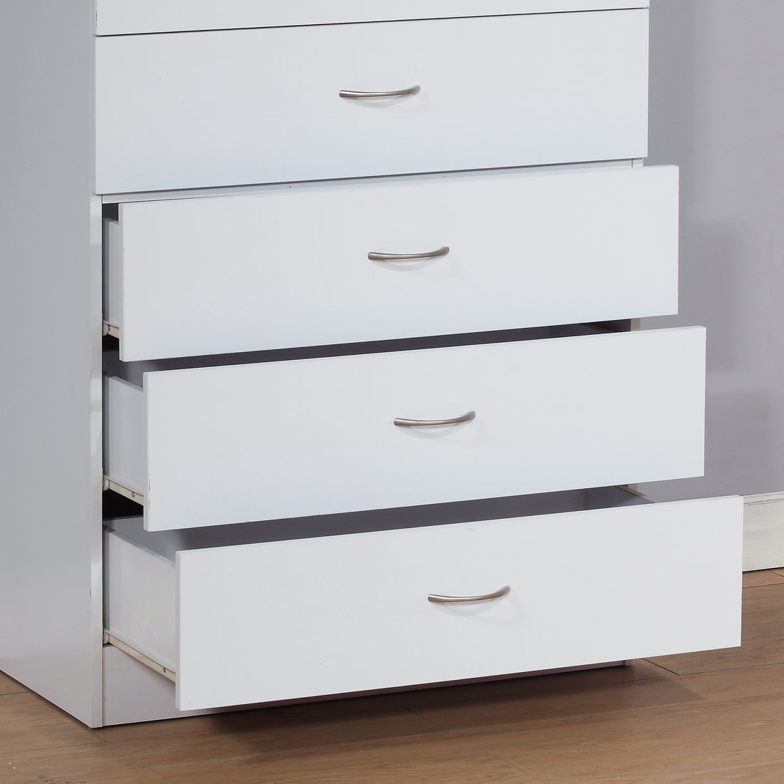 Five Drawer Chest Metal Handles Locking Top Drawer Metal Glide Rails White Melamine Laminate White Particle Board Mdf