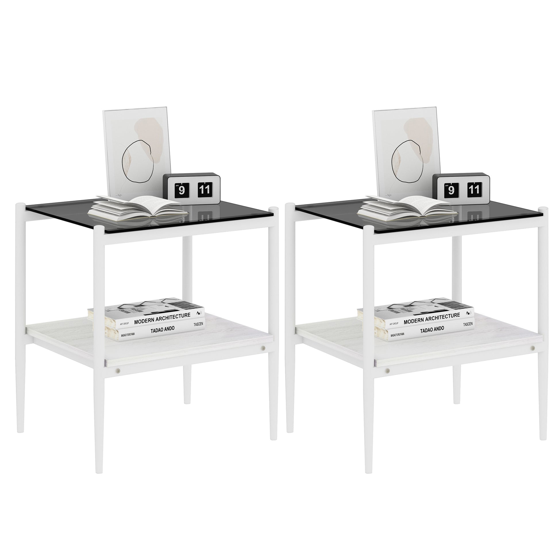 Set Of 2 Rectangle End Table, Tempered Glass Tabletop With Mdf Layer, Modern Table For Living Roomgray Glass Gray Tempered Glass