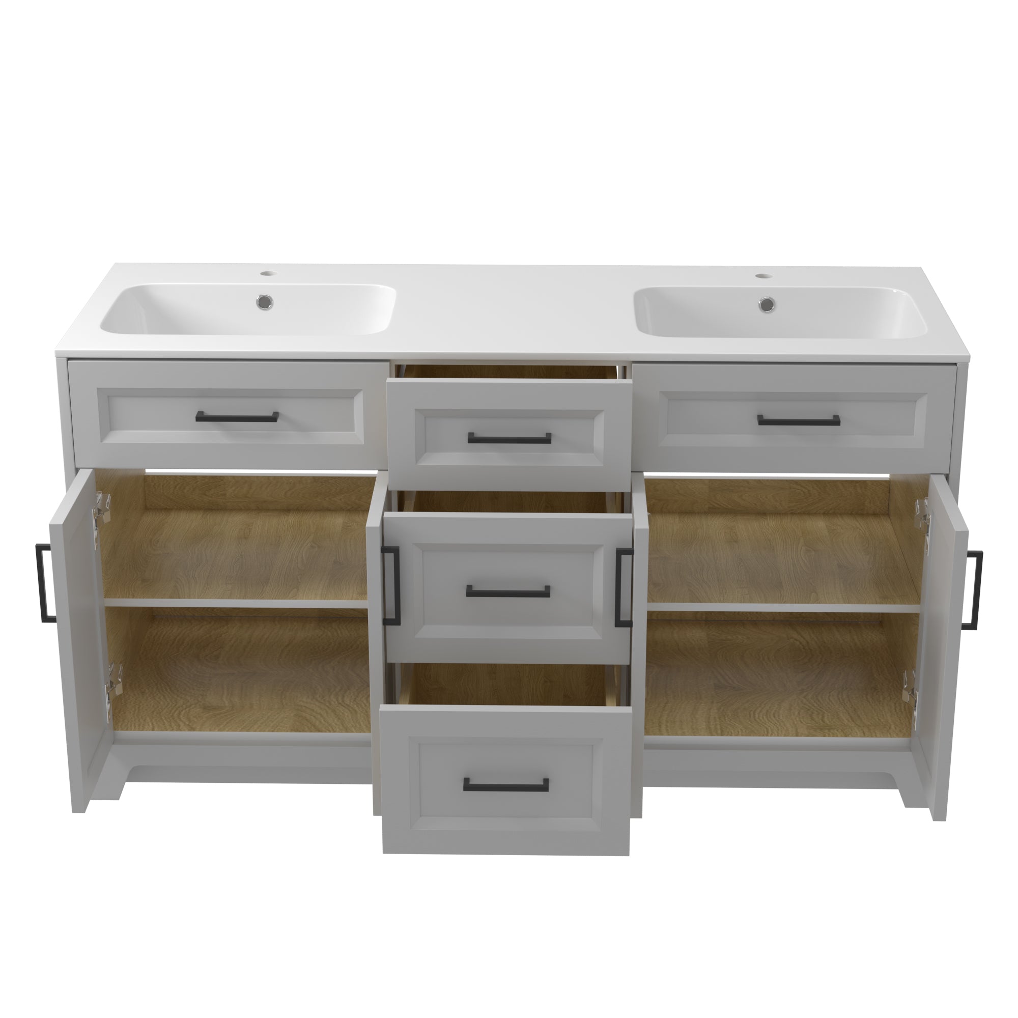 Solid Wood 60 Inch Bathroom Vanity With Double Sink Combo, Modern Vanity Cabinet With 4 Soft Closing Doors & 3 Full Extension Dovetail Drawers Light Grey 3 Light Grey 4 4 48 In & Above 32 To 35 In Soft Close Doors Bathroom Freestanding Luxury,Modern 20