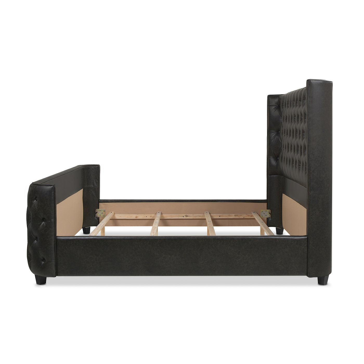 Brooklyn King Tufted Panel Bed Headboard And Footboard Set, Vintage Black Brown Faux Leather Box Spring Required King Black Vintage Wood Foam Faux Leather Faux Leather