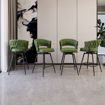 Bar Chair Suede Woven Bar Stool Set Of 4,Black Legs Barstools No Adjustable Kitchen Island Chairs,360 Swivel Bar Stools Upholstered Bar Chair Counter Stool Arm Chairs With Back Footrest, Green Metal Green Kitchen Dining Chairs Foam Technical Leather