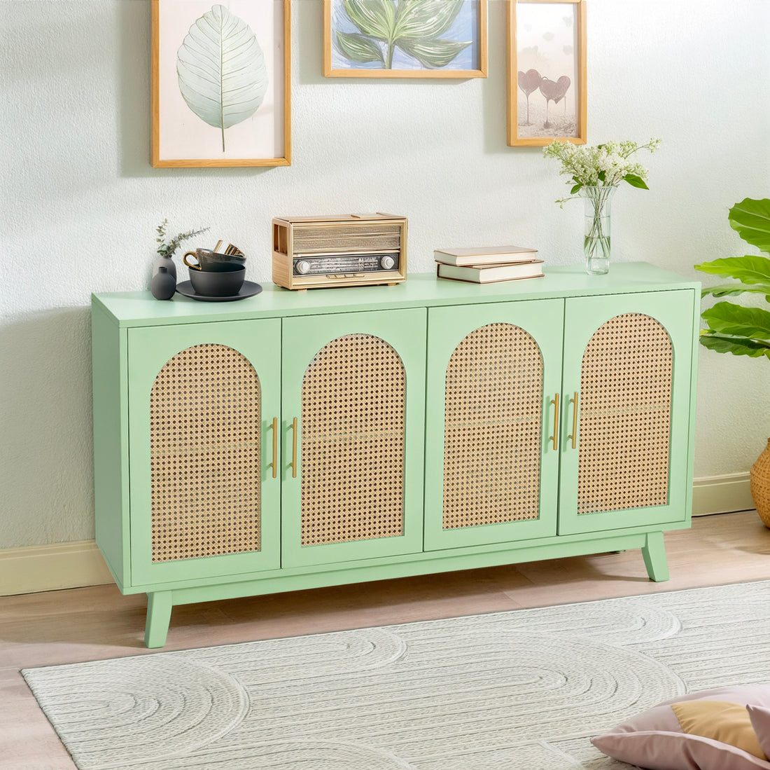 Sideboard Buffet Cabinet With Rattan Doors, Boho 4 Door Cabinet With Metal Handles For Living Room, Hallway, Entryway, Mint Green Mint Green Primary Living Space Mdf