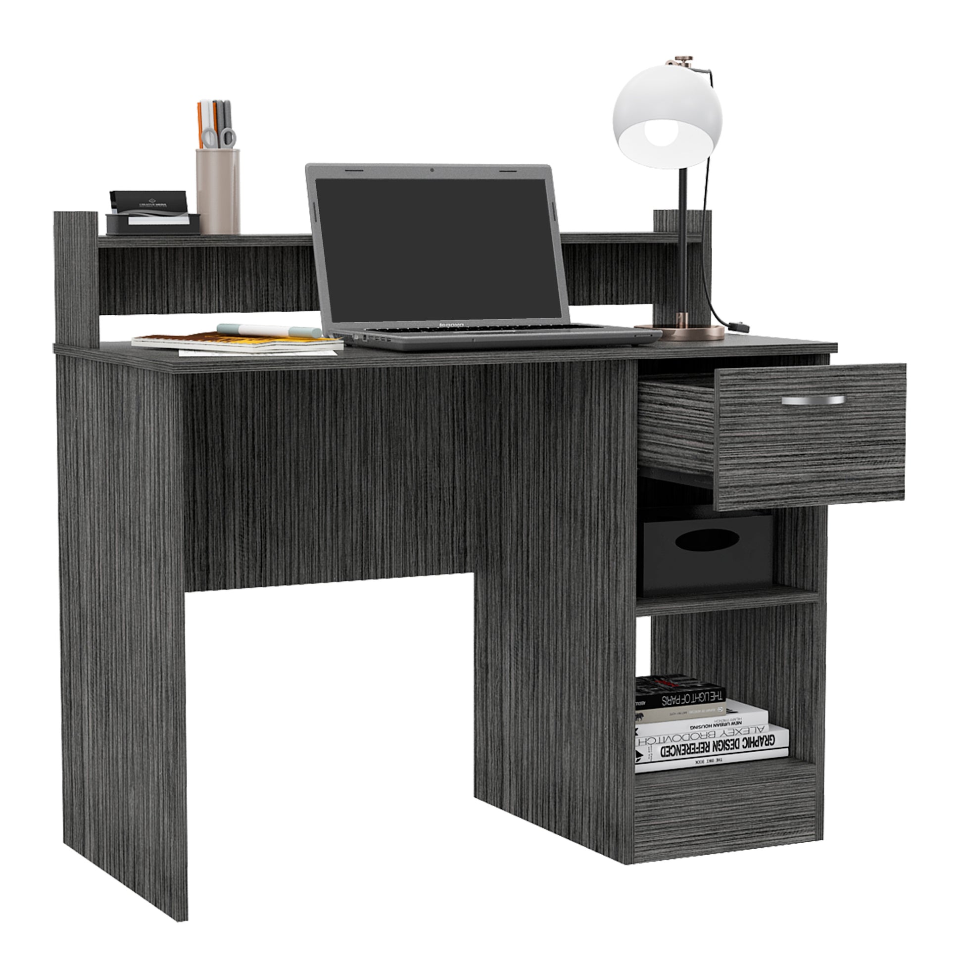 Manaos Writing Computer Deskmultiple Shelves, One Drawer Grey Computer Desk Office Modern Freestanding Rectangular Open Storage Desk Rectangular Particle Board Engineered Wood