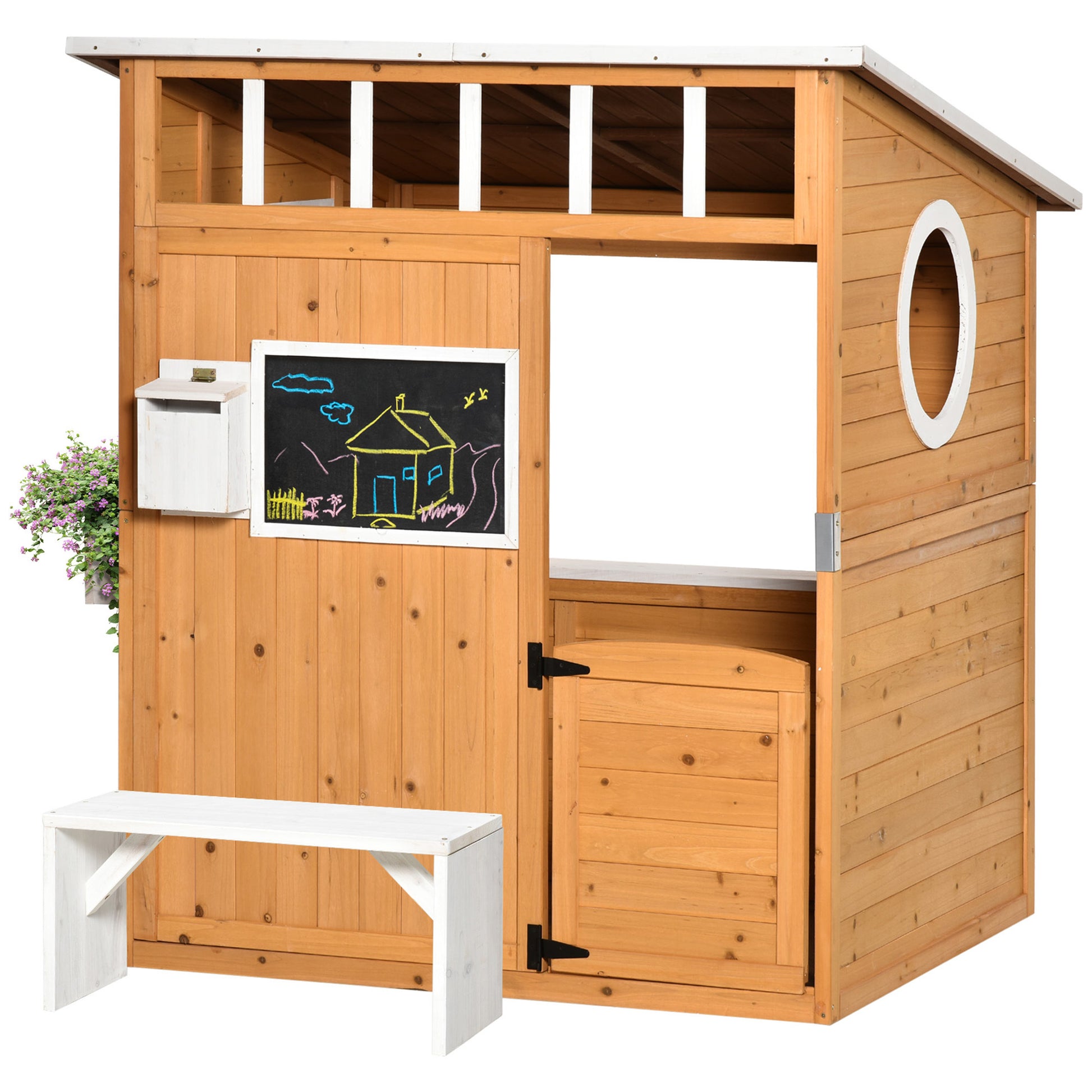 Outsunny Wooden Playhouse For Kids Outdoor With Working Door, Windows, Mailbox, Bench, Flowers Pot Holder, 48" X 42.5" X 53" Yellow Wood