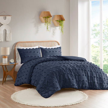 Clip Jacquard Comforter Set Queen Navy Polyester