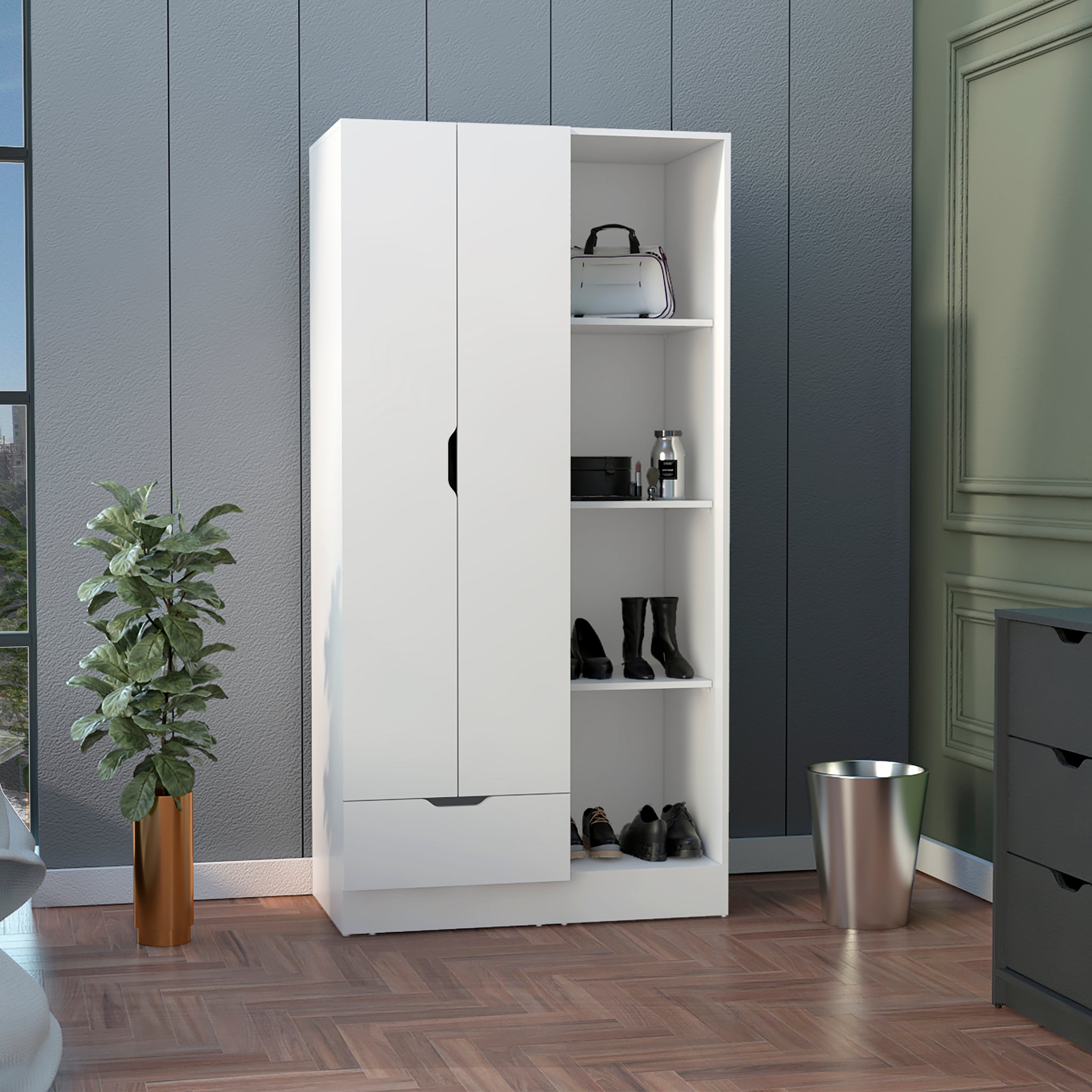 Memphis Wardrobe Armoire With 4 Tier Storage Shelves And 1 Drawer White White Particle Board