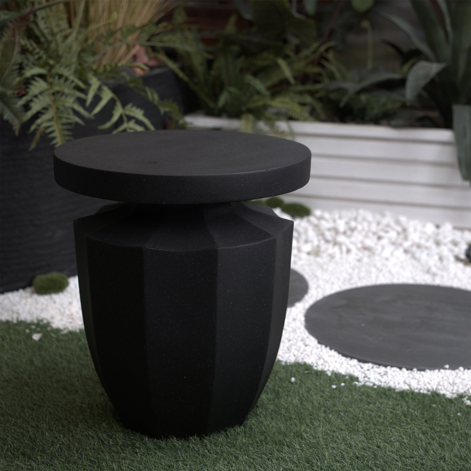 Decorative Garden End Table, 20.3" H Modern Heavy Duty Patio Sturdy Faux Terrazzo Accent Table Side Table Plant Table For Indoor Outdoor Black Magnesium Oxide