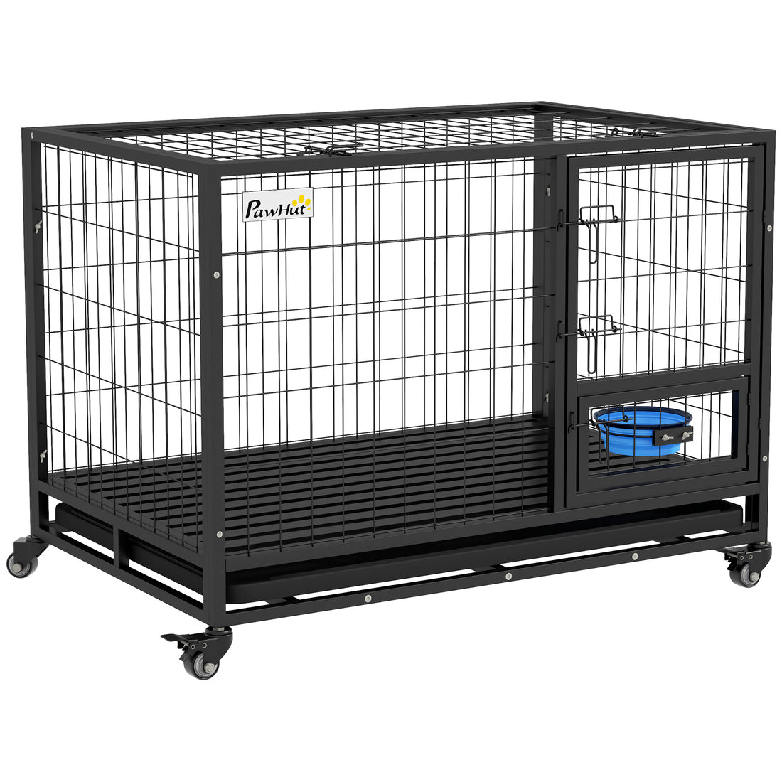 Pawhut 43" Heavy Duty Dog Crate With Bowl Holder, Strong Steel Dog Crate With Wheels, Detachable Door, Openable Top And Removable Tray For Large And Extra Large Dogs, Black Black Steel