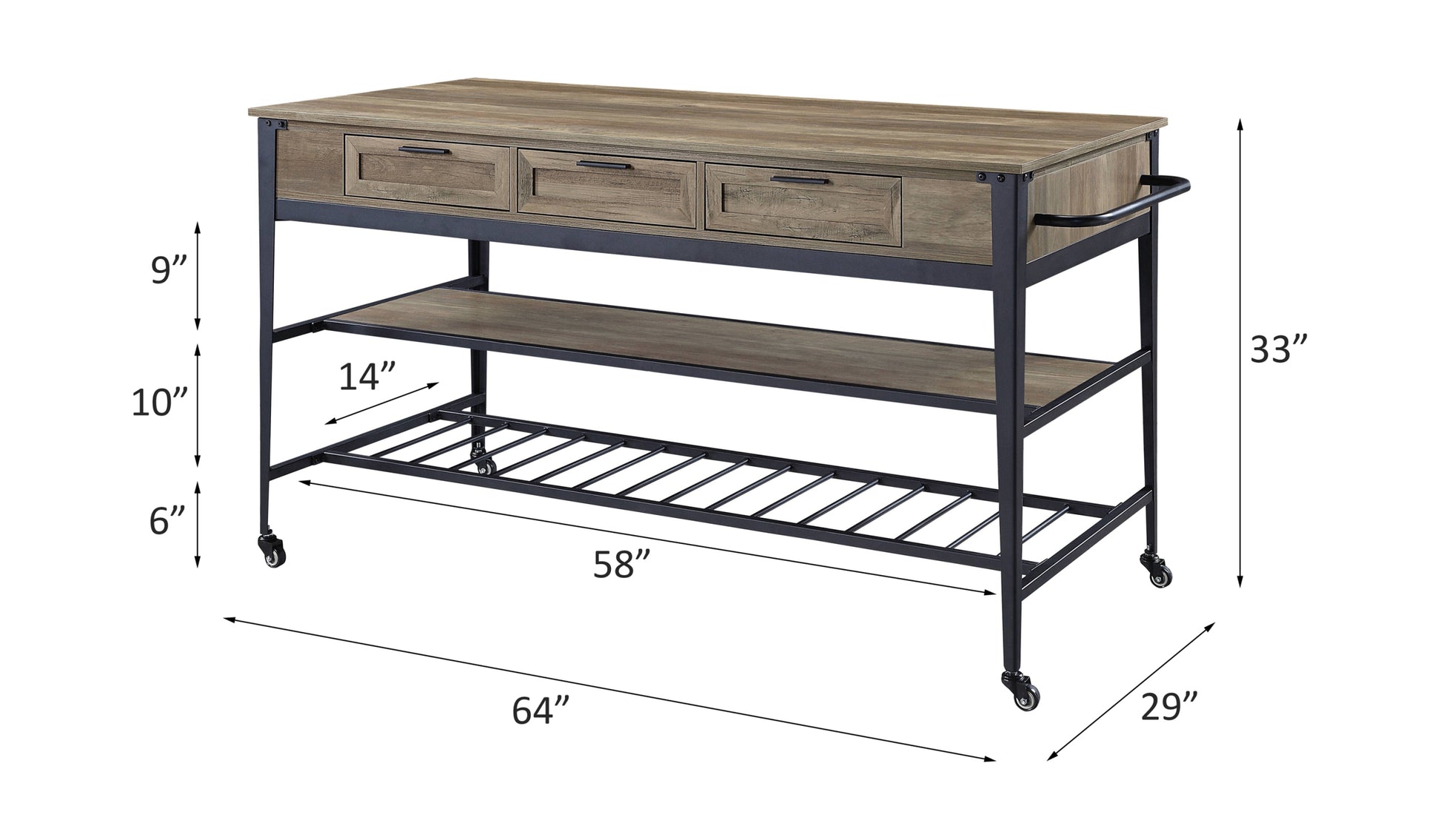 Rustic Oak And Black 3 Drawer Kitchen Island With 2 Shelf Rustic Dining Room Rectangular Stationary Kitchen Islands Wood Metal Small Less Than 40In